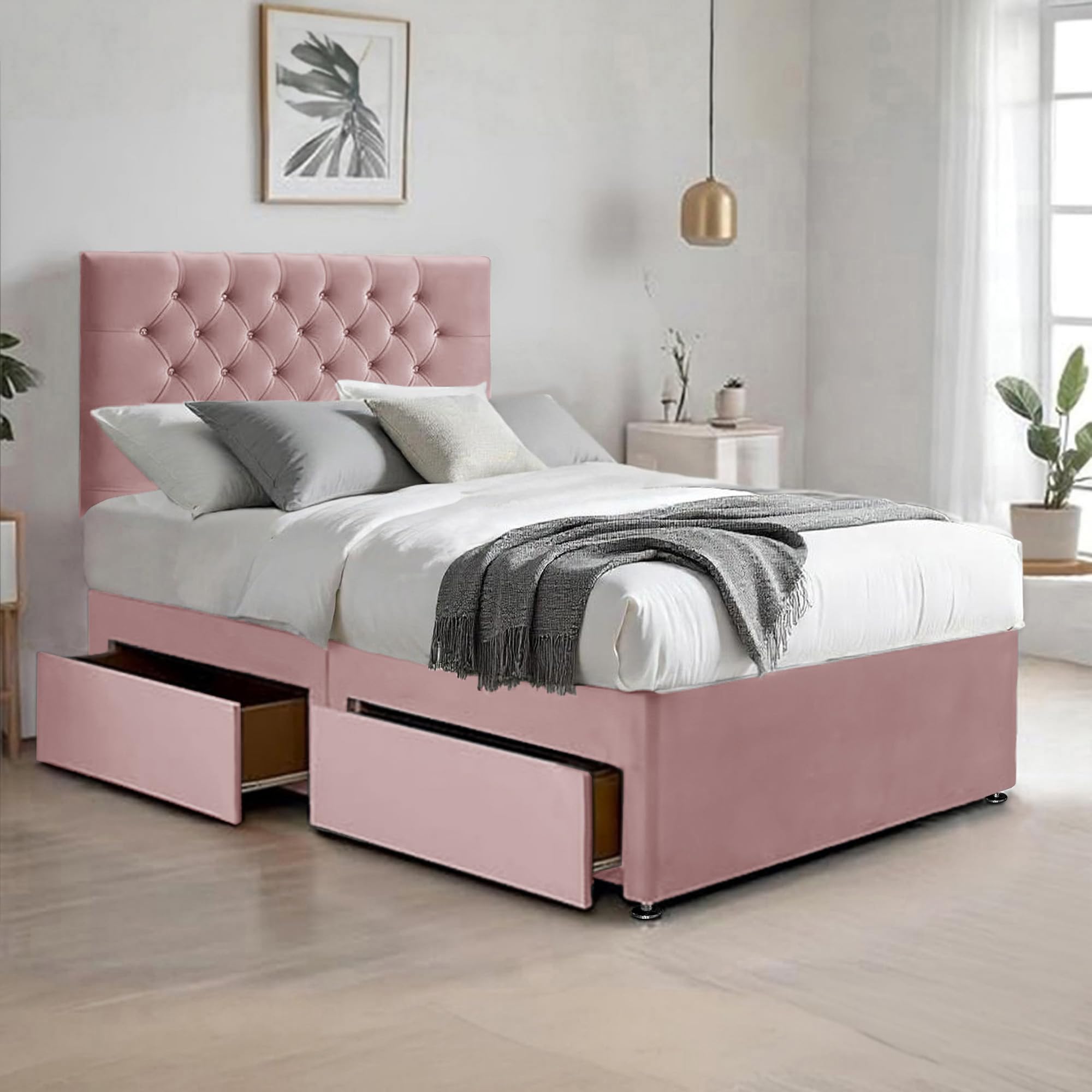 Black Plush Velvet Divan Bed Set With 20" Chesterfield Headboard, 10" Spring Memory Foam Mattress 2 Drawers 5ft