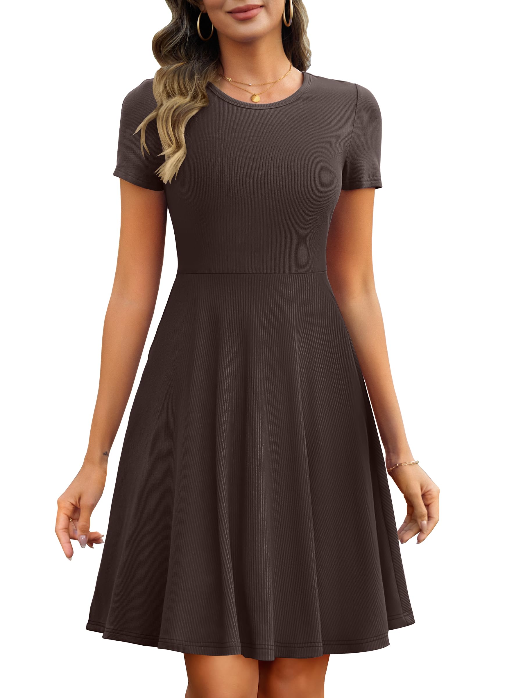 ANRABESS Women Summer Short Sleeve Ribbed Knit Fit & Flare A-Line Flowy Business Casual Work Basic Mini Dress with Pockets