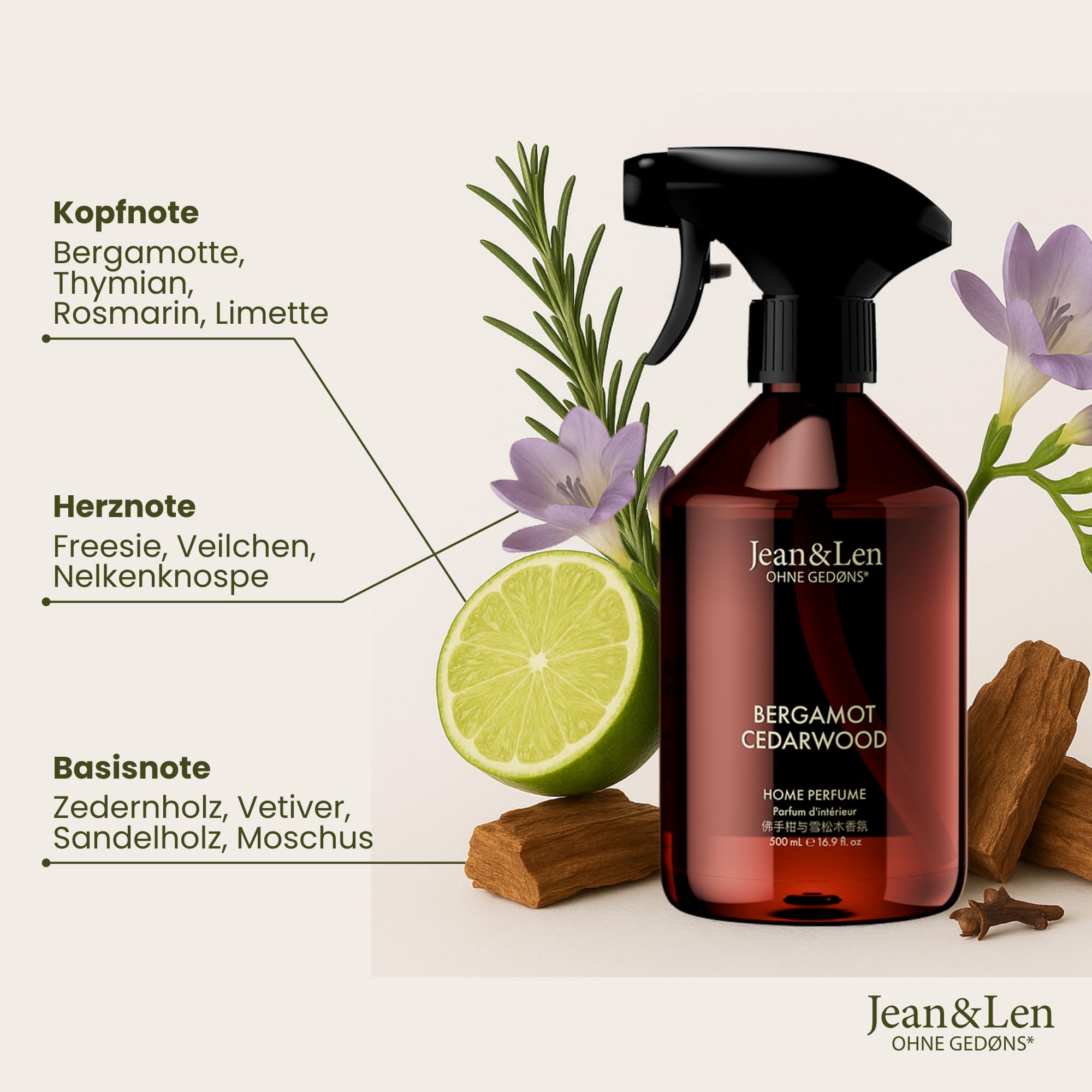 Jean & Len Home Perfume Set Bergamota y Cedro, fragancia de ambiente con aroma ácido, refresca con una sola pulverización, spray de ambiente de diseño minimalista, 6 x 500 ml