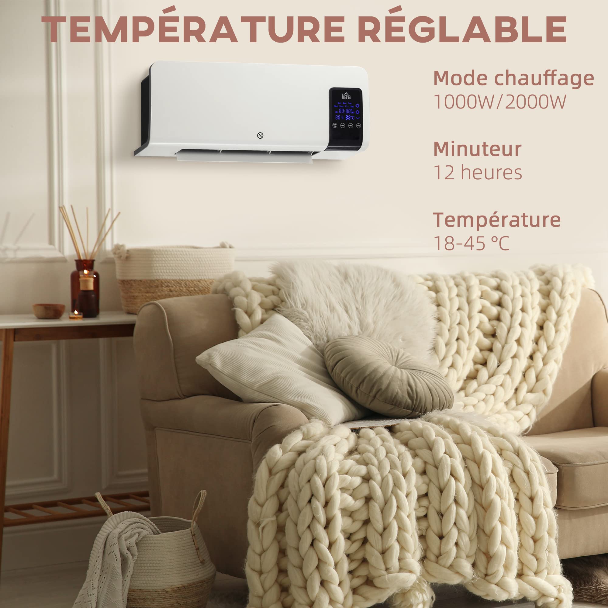 HOMCOM Radiateur soufflant Mural Chauffage céramique PTC - 1000 W / 2000 W Oscillation minuterie avec télécommande Blanc
