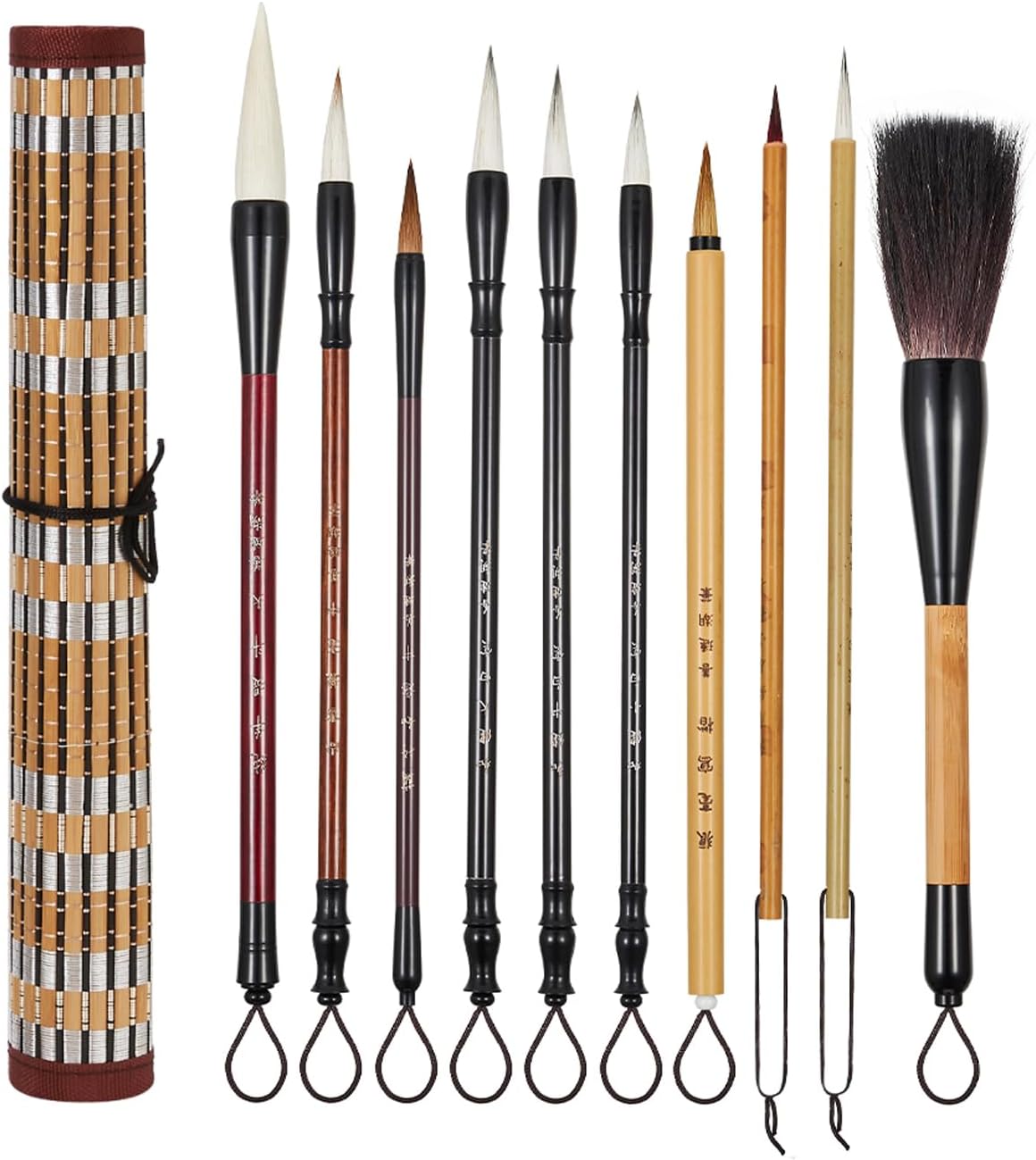 Shanlian Hubi Writing Brush Chinese Calligraphy Brush Set Kanji Japanese Sumi Painting Drawing Brushes 10 Piece/Set+Roll-up Bamboo Brush Holder
