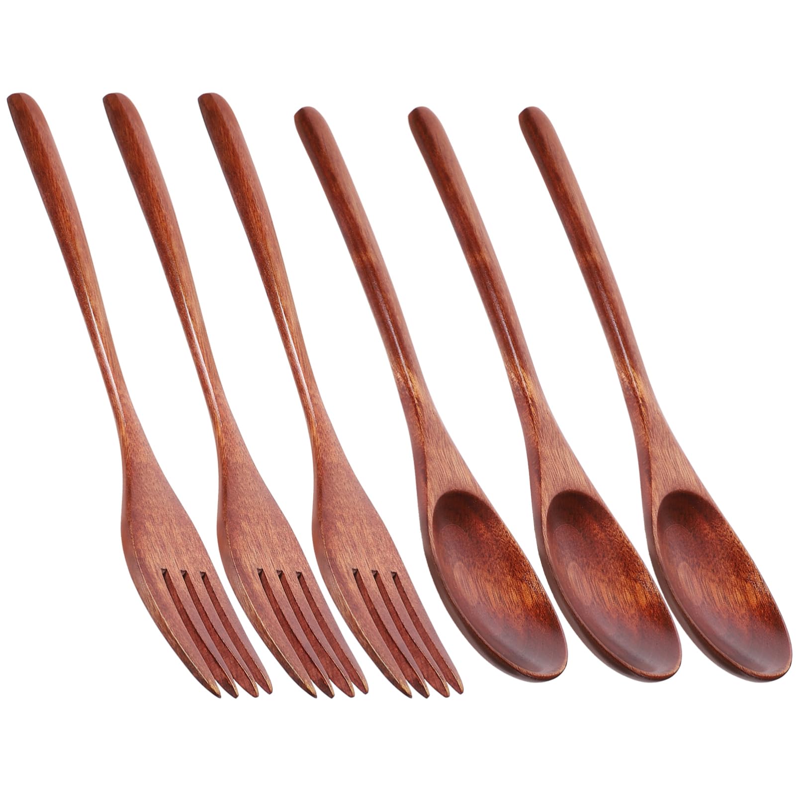 PRETYZOOM Wooden Fork Spoon Set 6pcs Reusable Utensils for Salad Dessert Appetizer Family Party Hotel