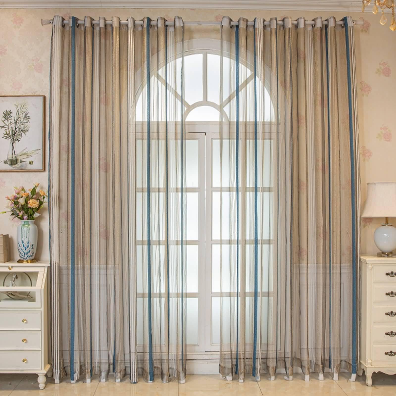 Epinki Zestaw 2 zasłon na szlufkach, półprzezroczyste zasłony z woalu, paski, przepuszczające światło, woal, zasłony z poliestru, na wszystkie okna, niebieskie, złote, białe, wys. 138 x szer. 96 cm