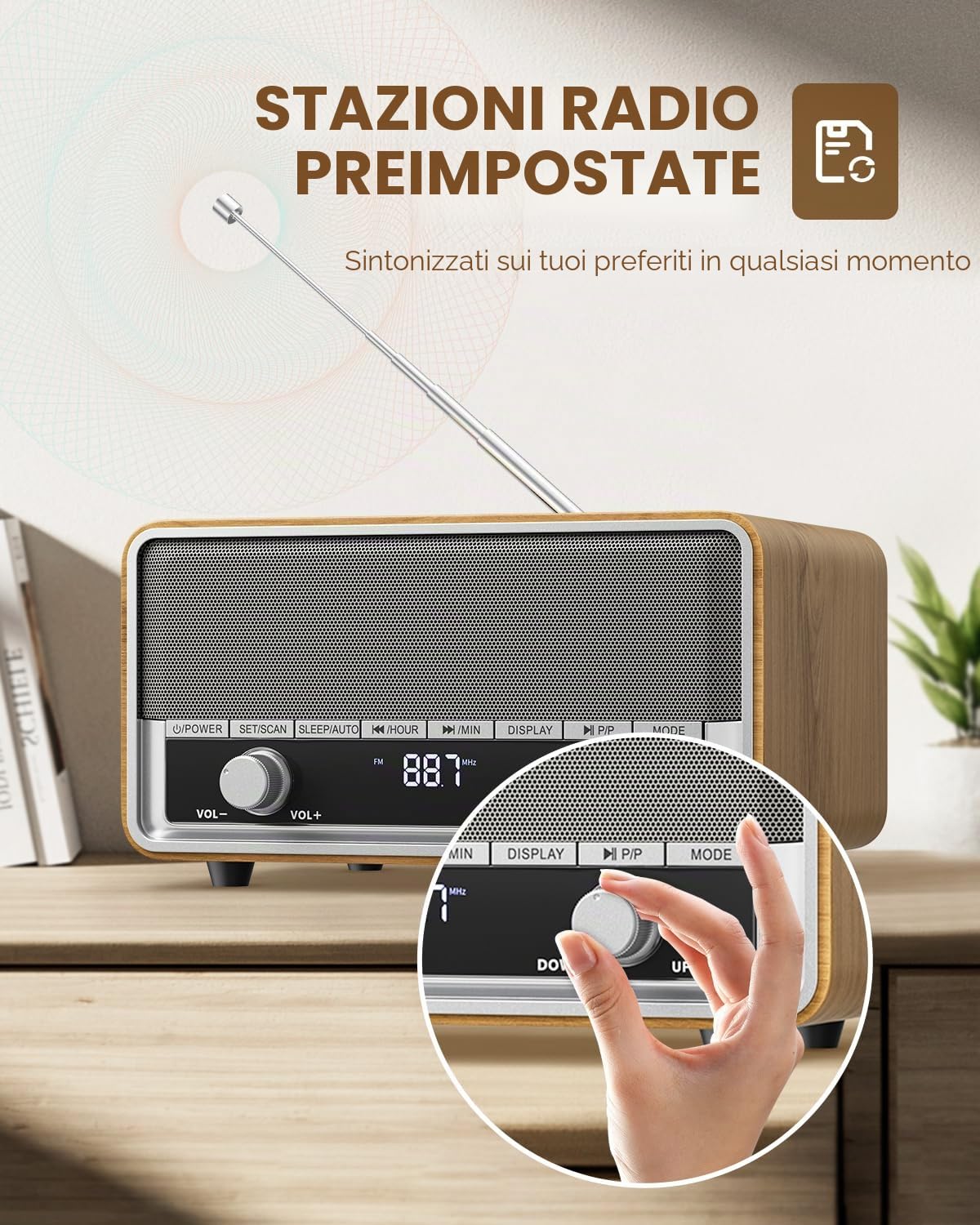 Radio AM FM retrò con spina digitale da parete per camera da letto con display LCD, 40 preset, timer di spegnimento, altoparlante Bluetooth retrò per ufficio, ottimo regalo in legno