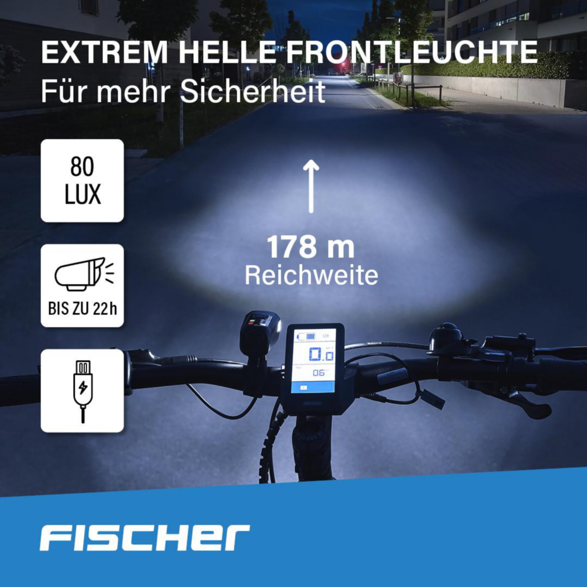 Fischer Juego de iluminación para Bicicleta 80/40/20 Lux, Juego de Luces de batería, luz Delantera y Trasera, con batería y función de Carga USB, 3 Funciones de luz, protección contra Salpicaduras
