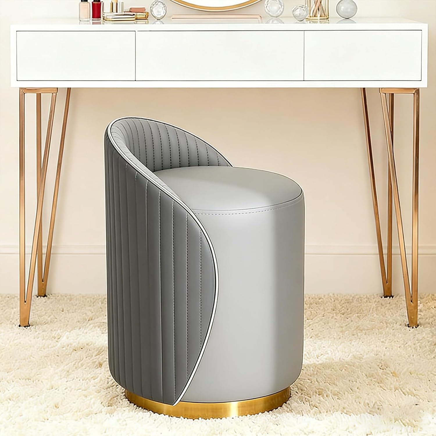 Makeup Stool, 360° Swivel Makeup Vanity Stool with Back, No Assembly Vanity Bench Seat, Swivel Barrel Chairs for Bedroom, Dressing, Living Room (Grey)
