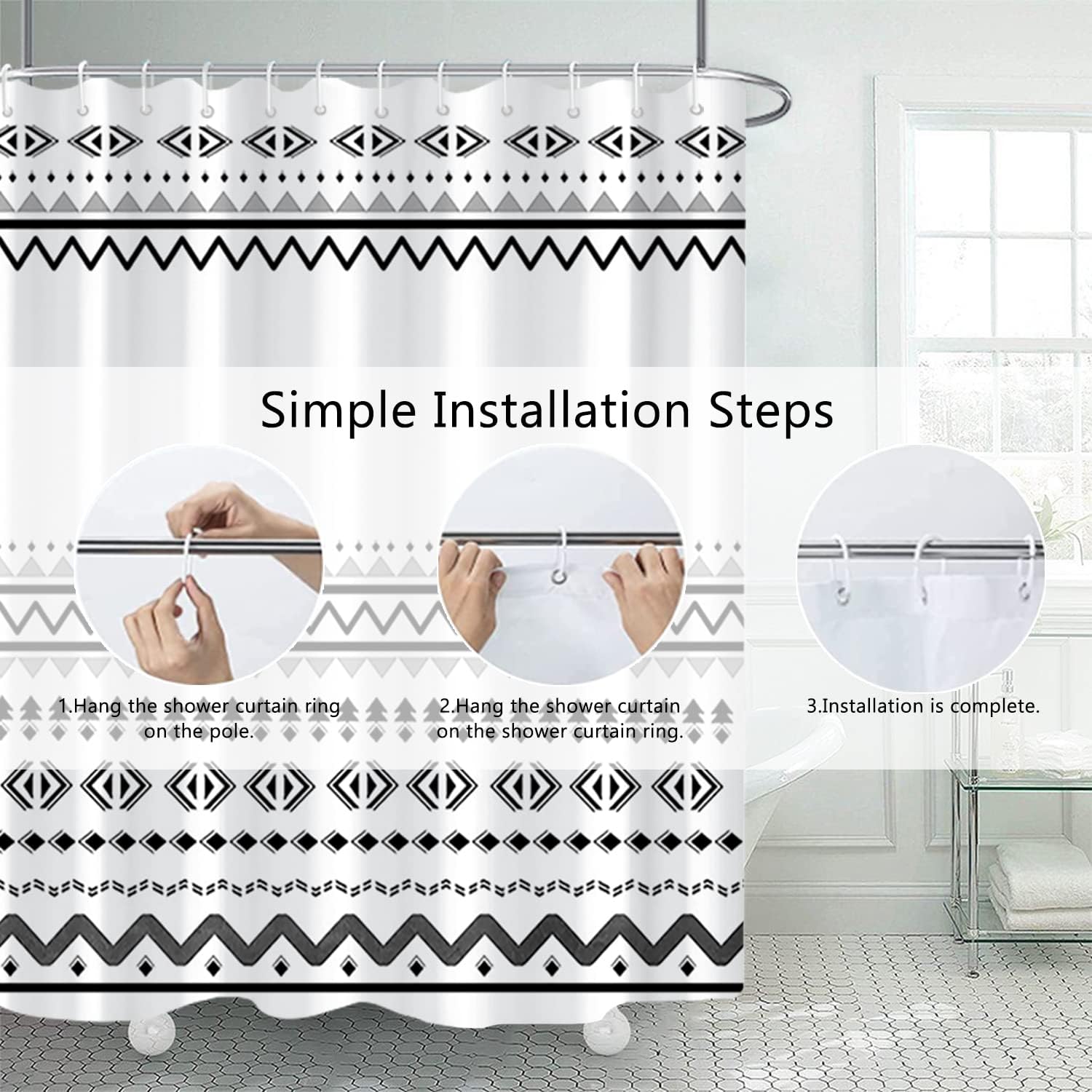 White Black Shower Curtain for Bathroom Boho Shower Curtains Cloth with Hooks Bohemian Stripe Geometric Fabric Shower Curtain 72x78 inches