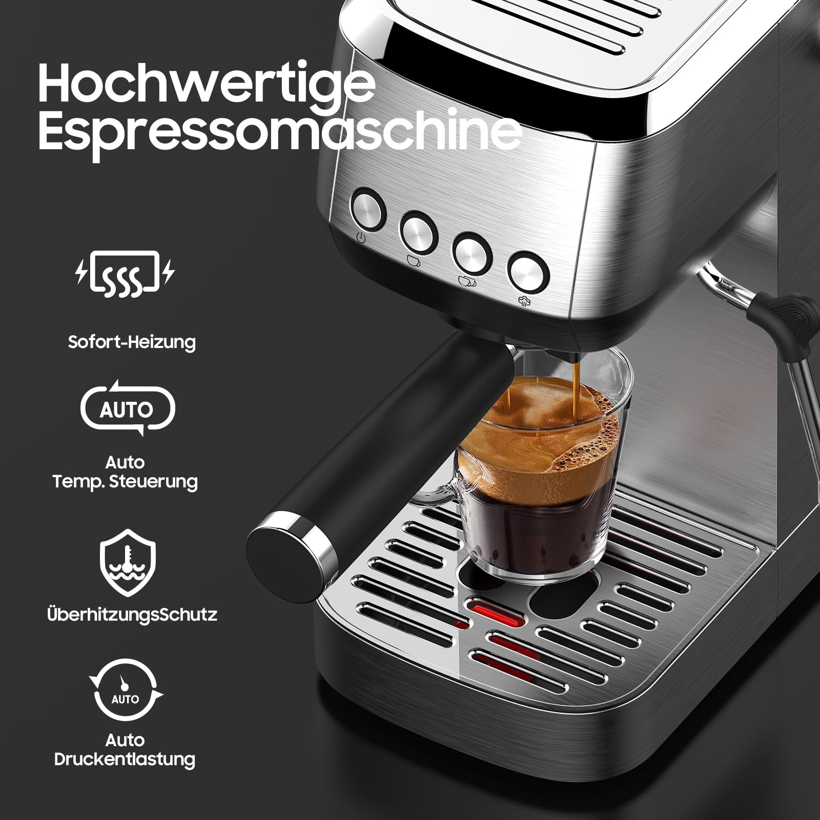 Ekspres do espresso, sitko, 20 barów, ze spieniaczem do mleka, filtr portowy 51 mm, szybkie nagrzewanie, konstrukcja ze stali nierdzewnej, zbiornik na wodę 1,3 l, podgrzewacz do filiżanek, filtr 2 w 1