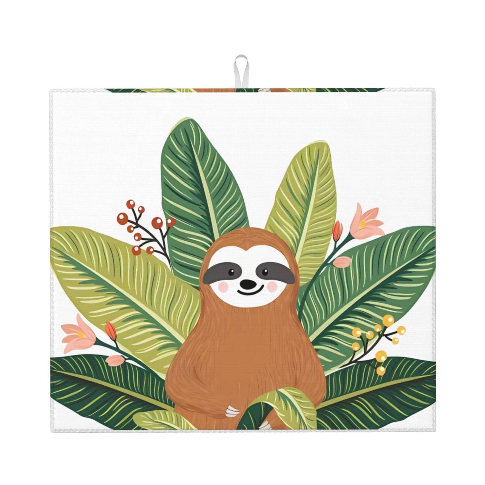 HJFCZH Cute sloth & Leaves Prints Kitchen Drying Mat – Absorbent Microfiber Throw for Dishes, Non-Slip Counter Cover, Quick-Drying Layer with Fade-Resistant Print