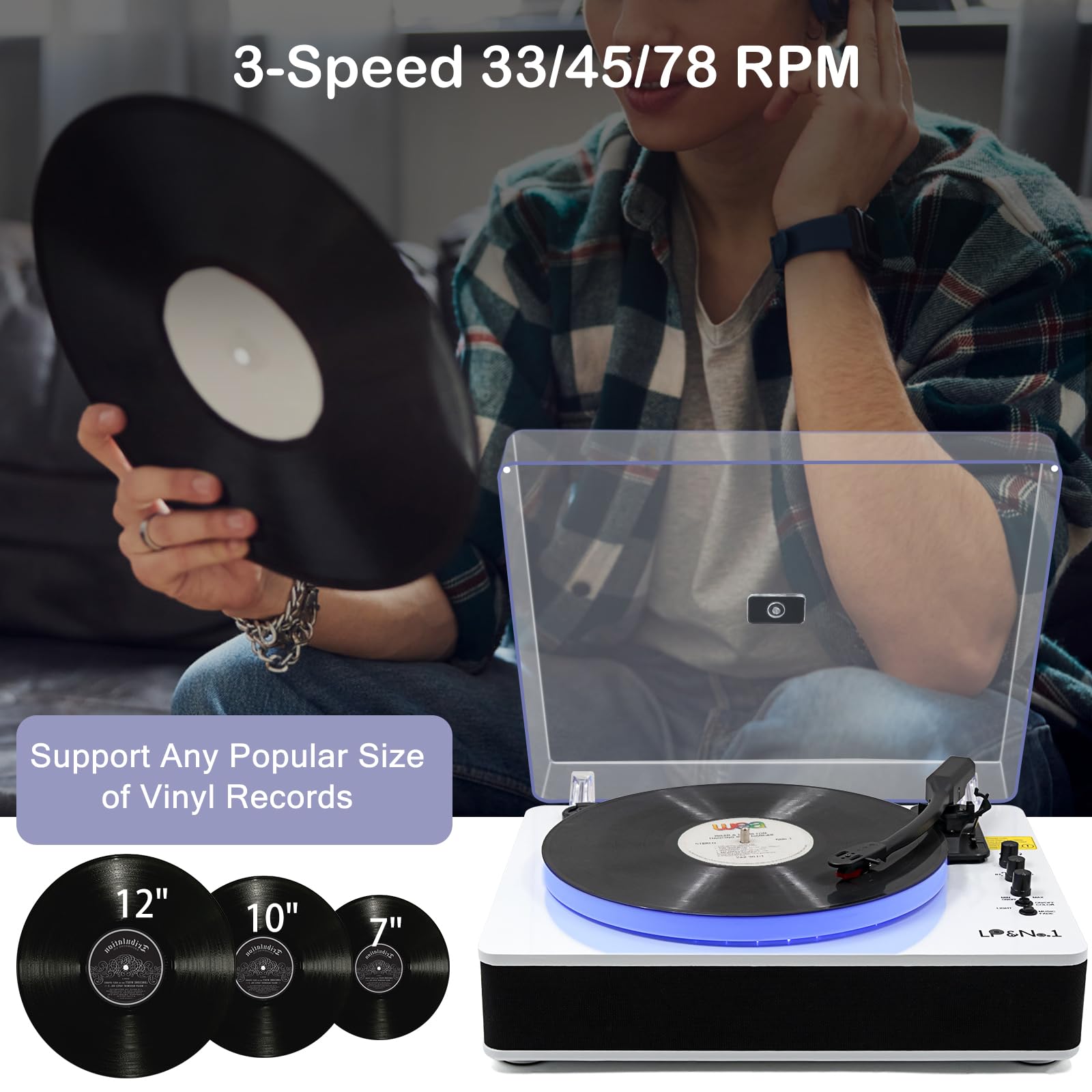 LP&No.1 Record Player with Built-in Stereo Speakers, LED Control, 3-Speed Belt-Drive Vinyl Turntable with USB Playback & Recording, Wireless BT Input & Output, Auto Stop, Pitch Control | White Pearl