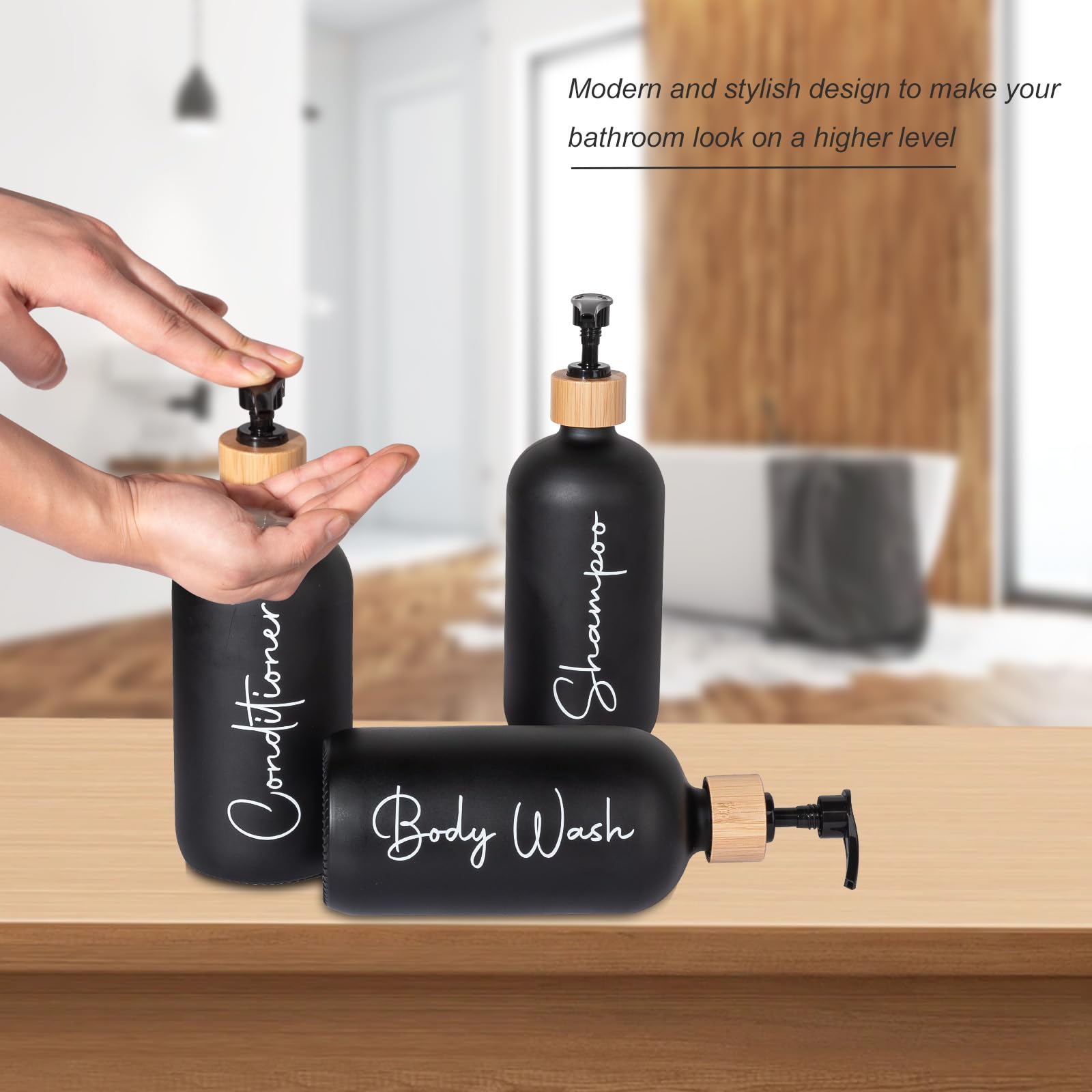 17 oz Shampoo and Conditioner Pump Bottles Soap Dispenser Bamboo Pump Head Empty Glass Refillable Shampoo Conditioner Body Wash Soap Bottles for Bathroom 3 Pack - Image 3