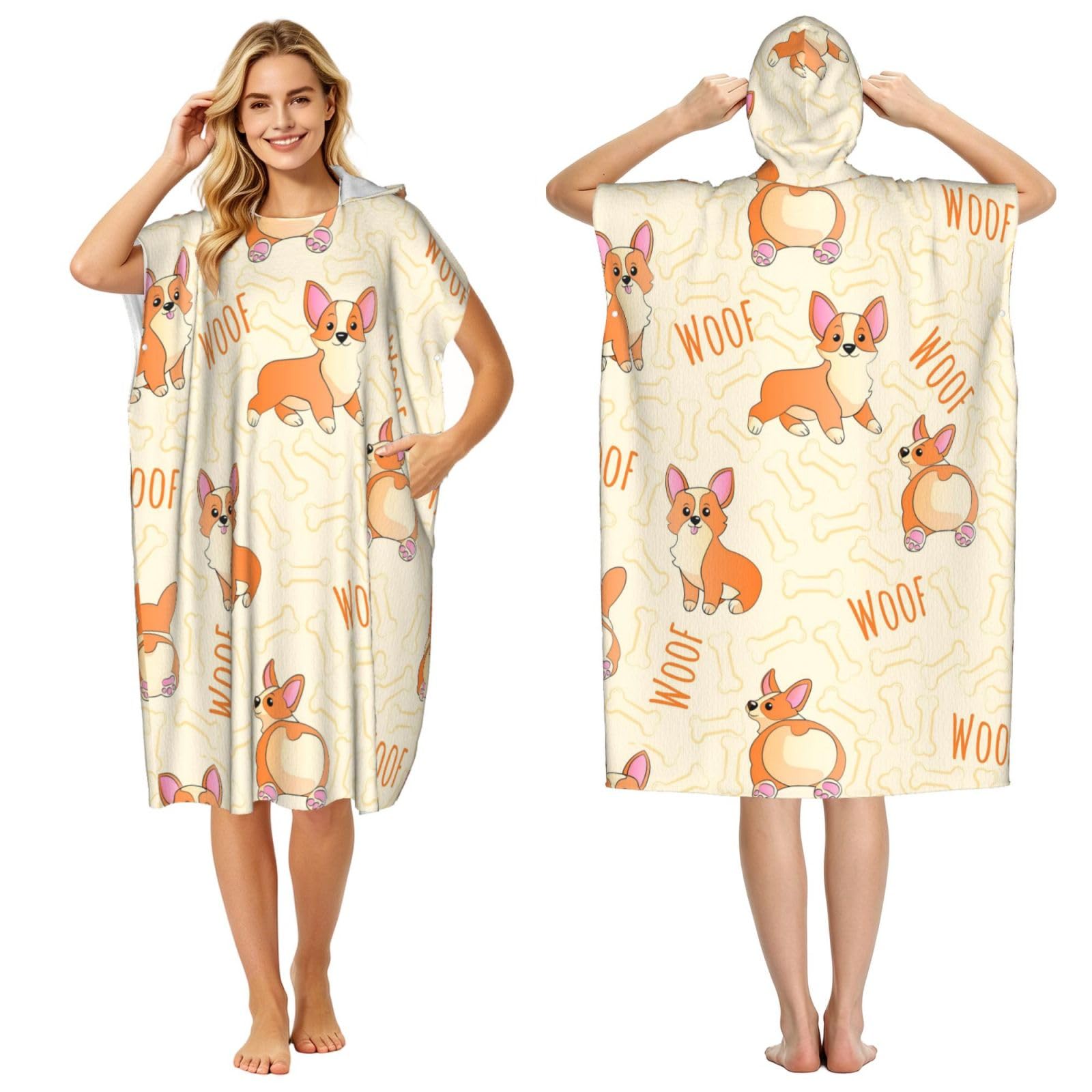 Poadnly Corgi With Bones And Words, Adult Hooded Beach Towel 90 x 110 cm,Changing Bath Robe, Surf Poncho Towel For Women Men