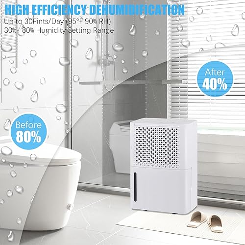 Miniatura 4 de Deshumidificador de 2000 pies cuadrados para sótanos del hogar, baño, dormitorio, deshumidificador de 30 pintas con manguera de drenaje y apagado