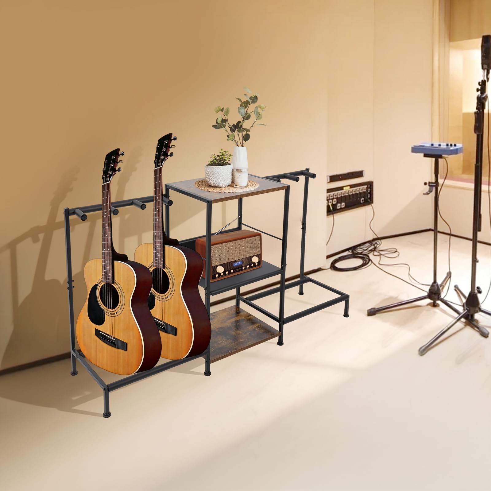 Stojący stojak na gitarę z 3 półkami, prostokątny, czarny, uchwyt na instrumenty gitarowe i akcesoria do instrumentów muzycznych, idealny do sal treningowych, studia nagrań, sklepów muzycznych