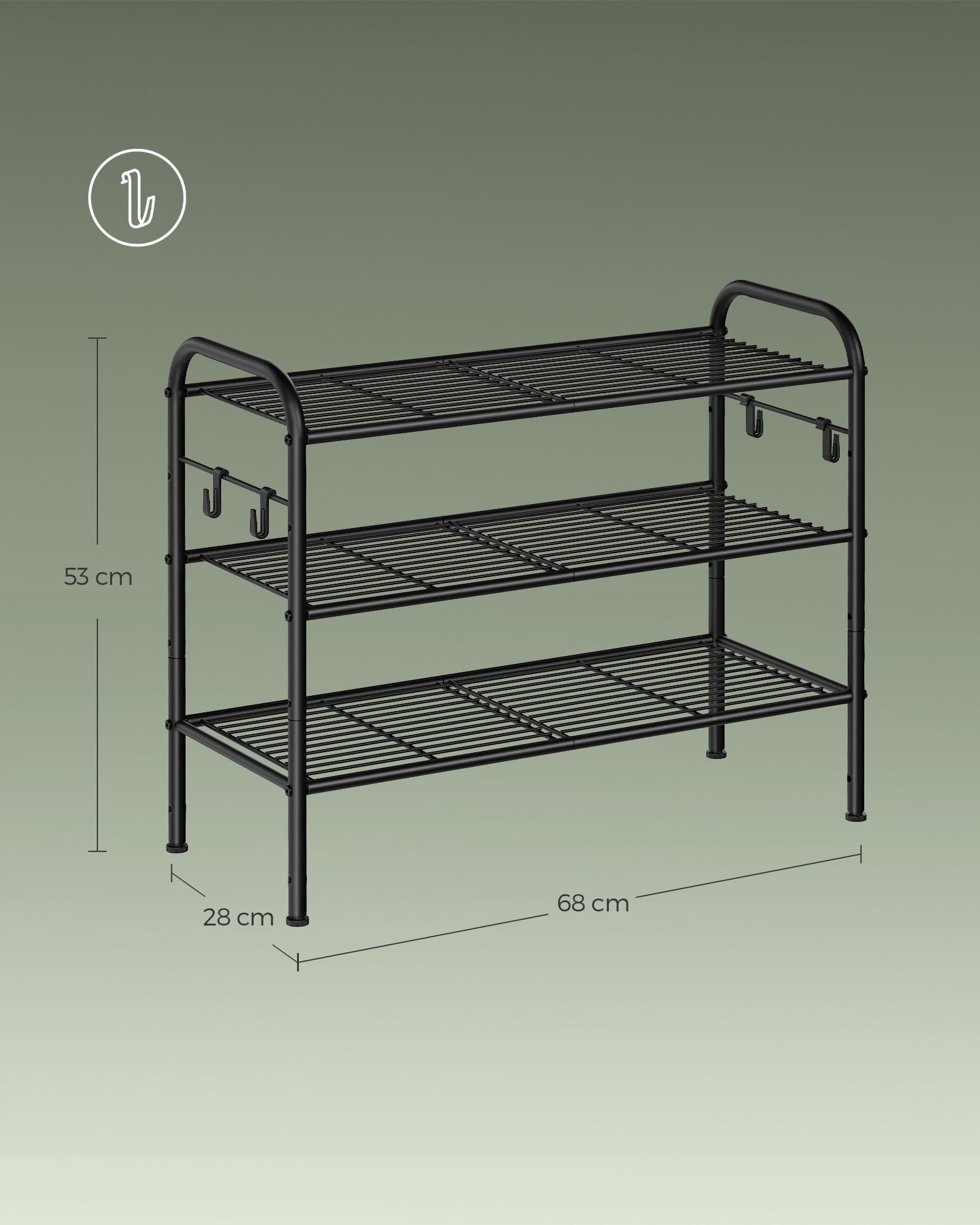 SONGMICS schoenenrek op 4 niveaus, metalen schoenenrek met 4 zijhaken, biedt plaats aan 16 paar schoenen, in hoogte verstelbare plank, voor entree