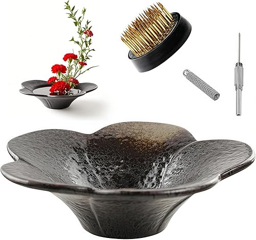 Kit de jarrón japonés Ikebana de 6 pulgadas de cerámica Ikebana con rana floral de 1.575 in y herramienta correctora Kenzan 2 en 1