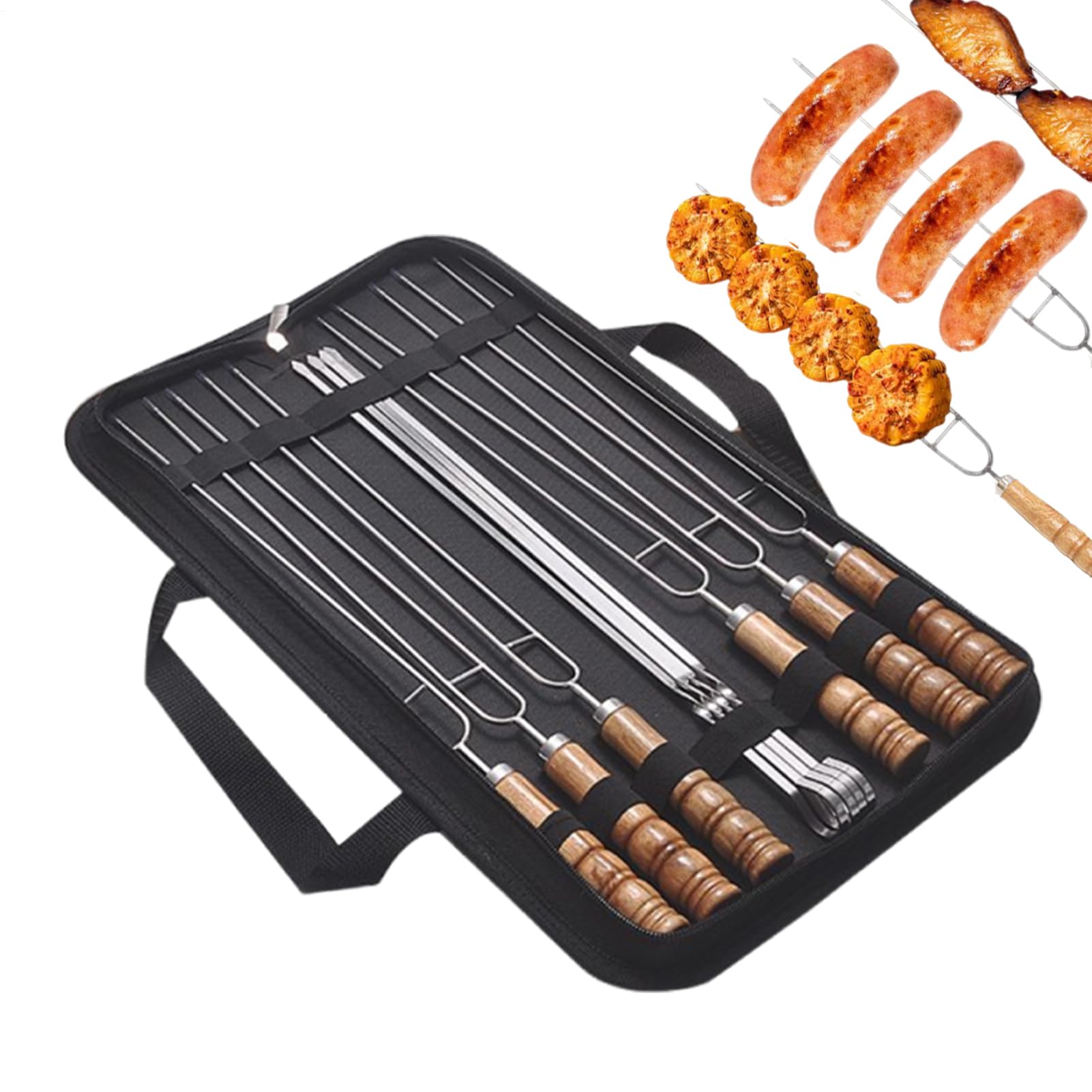 Brochetas Metálicas para Acero Inoxidable Plano Reutilizable Mangos Madera | 10 Piezas Palitos Metálicos de Barbacoa, Brochetas para pollo, carne, gambas, filetes, salchichas, exterior y picnic fa