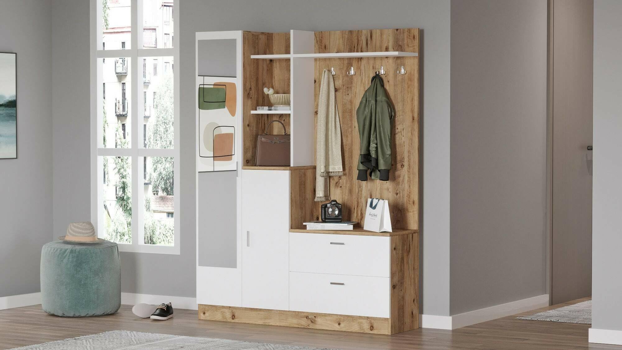 Dmora Mobile da Ingresso Homam, Entratina Appendiabiti, Composizione per atrio, Consolle portaoggetti Multifunzione, 140x37h182 cm, Quercia e Bianco