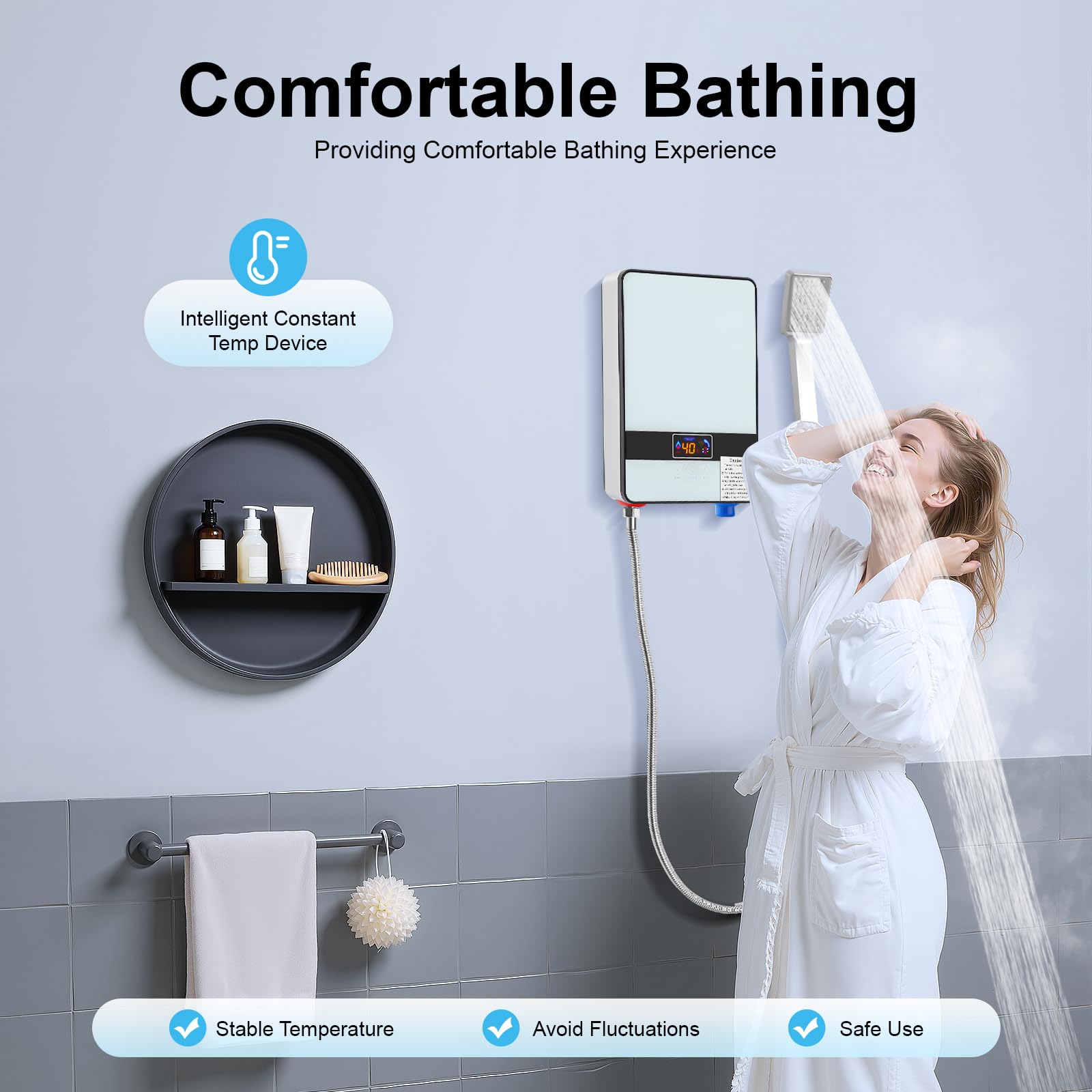 Scaldacqua istantanea doccia, scaldacqua elettrico istantaneo, 6500 W Tankless acqua calda istantanea bagno doccia, bagno scaldabagno elettrico 0-55 ℃, 29 × 19 × 6,5 cm