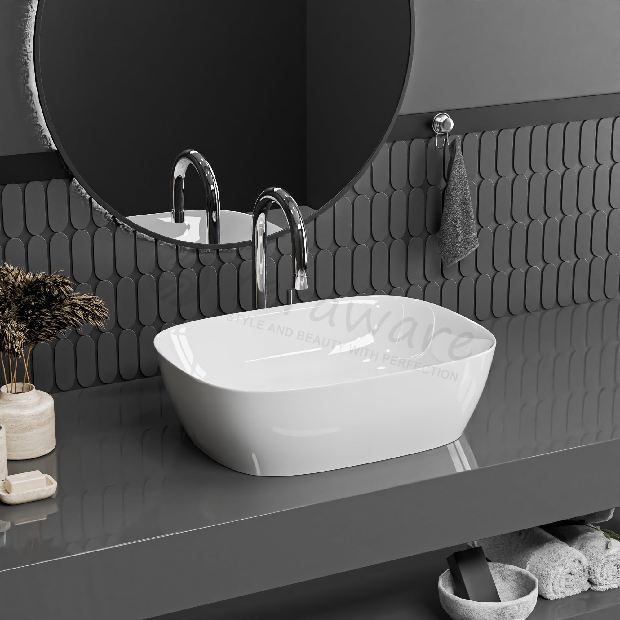 YERAWARE Premium Ceramic Wash Basin for Tabletop & Countertop β Elegant Sink for Bathroom, Living Room, Hotels, Office & Restaurant (16 x 12 x 5 Inch) (Glossy White) 2