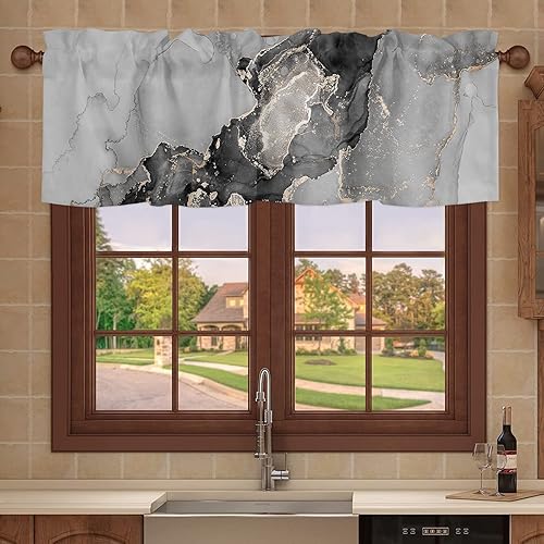 PakiInno Cenefa de cortina de cocina con bolsillo para barra, textura de tinta de mármol, Phnom Penh negro y blanco estilo chino con bolsillo para