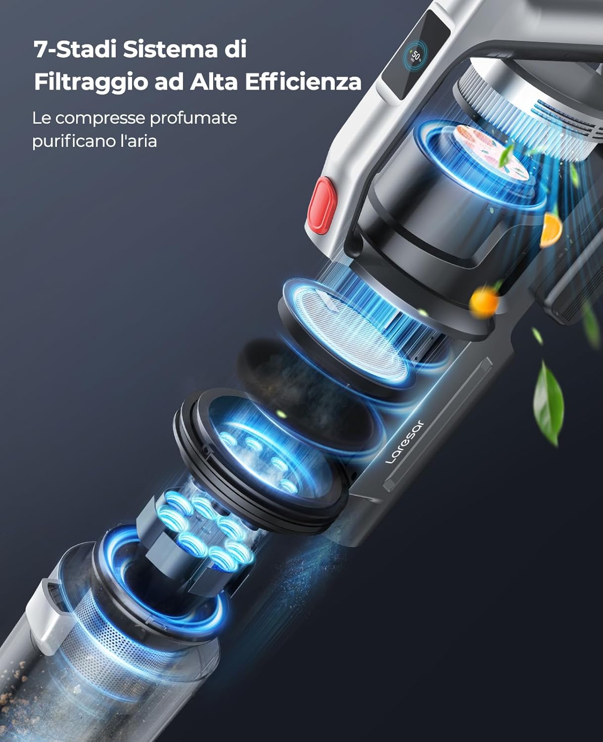 Laresar Aspirapolvere Senza Fili Potente 450W/33Kpa, 55Mins Batteria Rimovibile 4 in 1 Scopa Elettrica Senza Fili 7 Strati Filtraggio Anti-Avvolgimento Aspirapolvere per Pavimenti/Tappeti/Peli Animali