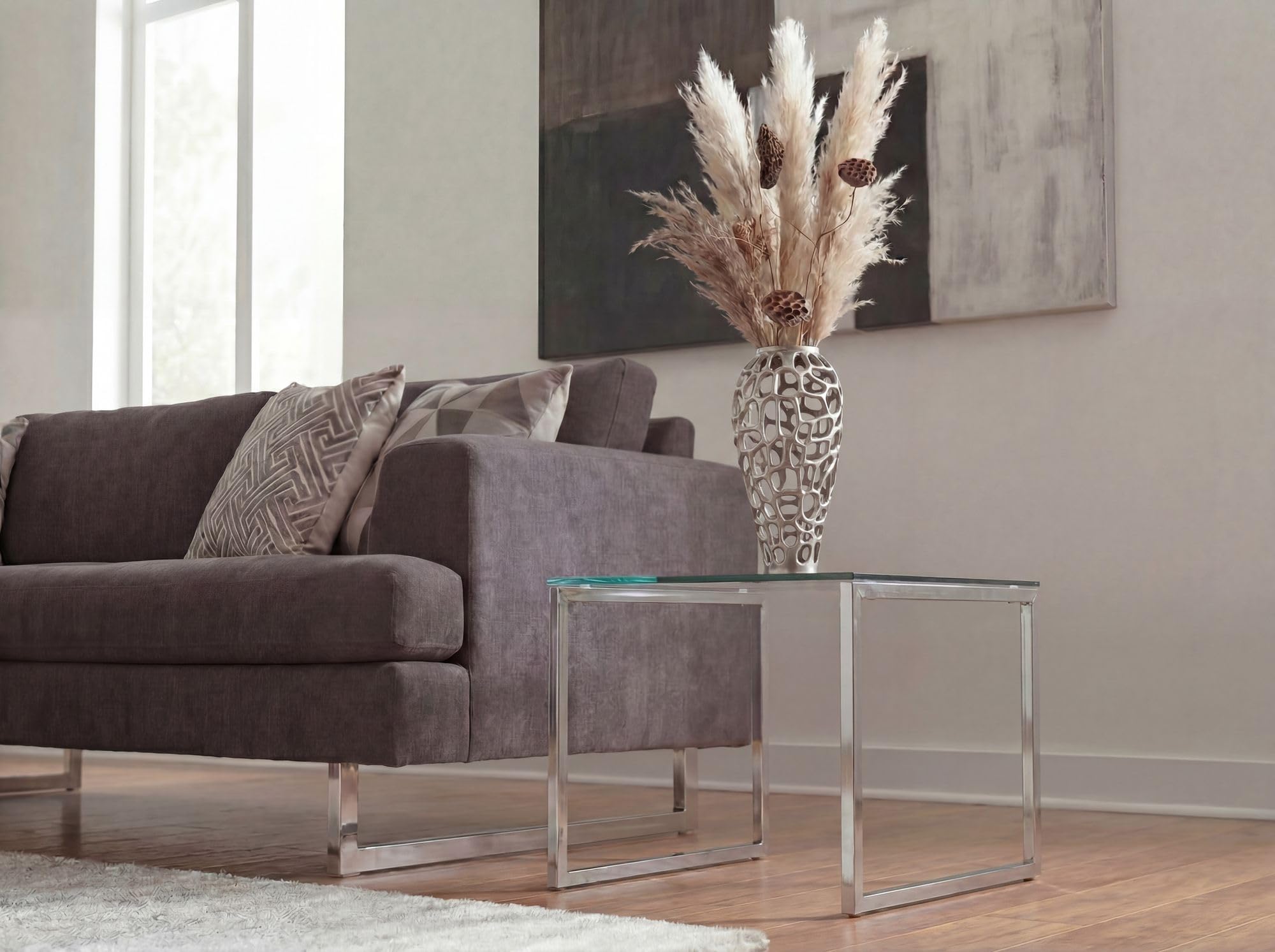 WOHNLING Bodenvase 19x19x45 cm Aluminium Silber, Standvase Skulptural | Blumenvase groß für Trockenblumen und Pampasgras, Dekovase Metall schlank, Vase XXL handgefertigt, jedes Stück ein Unikat