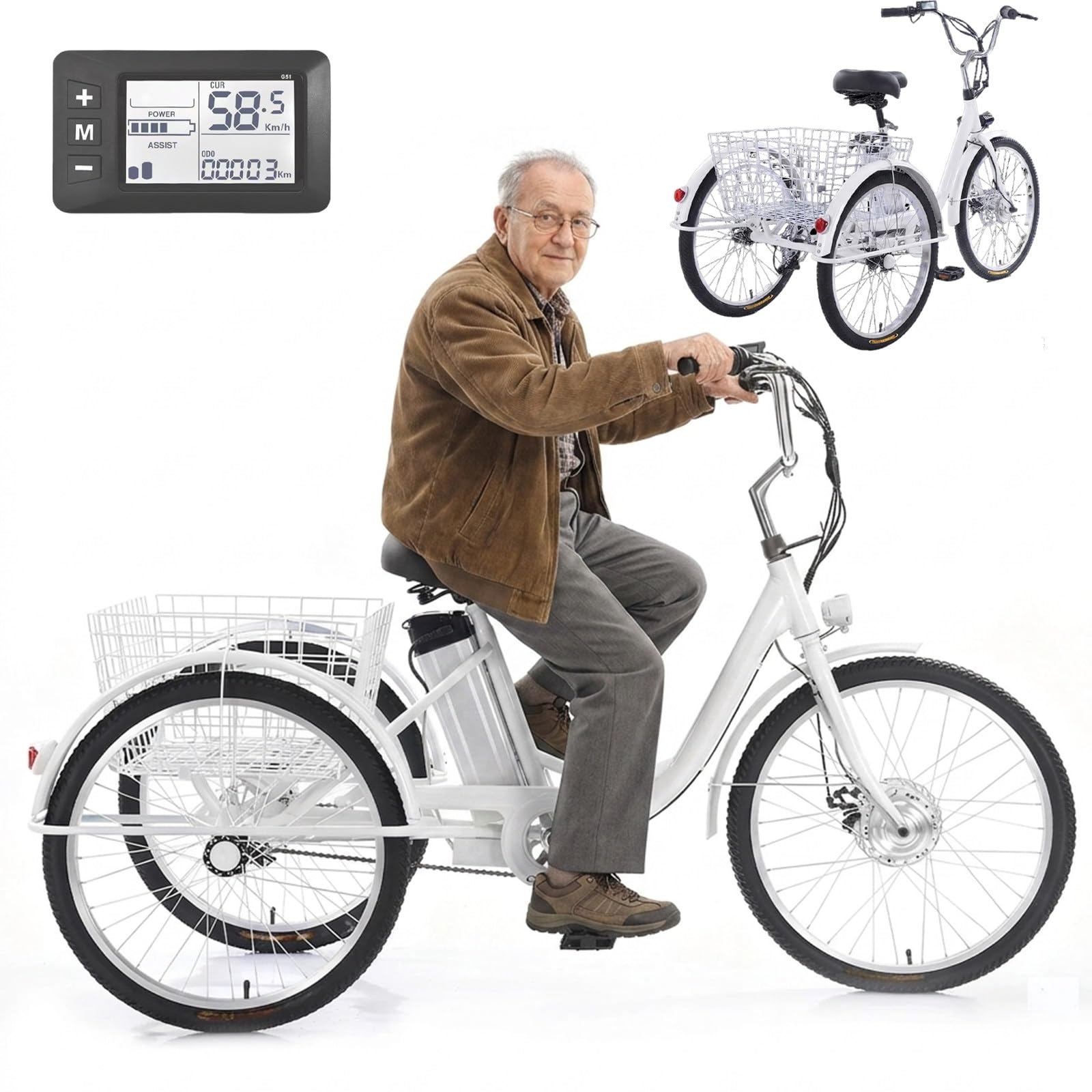 Triciclo elettrico da carico per adulti, robusto, con ruote da 24 pollici, telaio ribassato, batteria rimovibile e display digitale per la spesa quotidiana, colore nero.