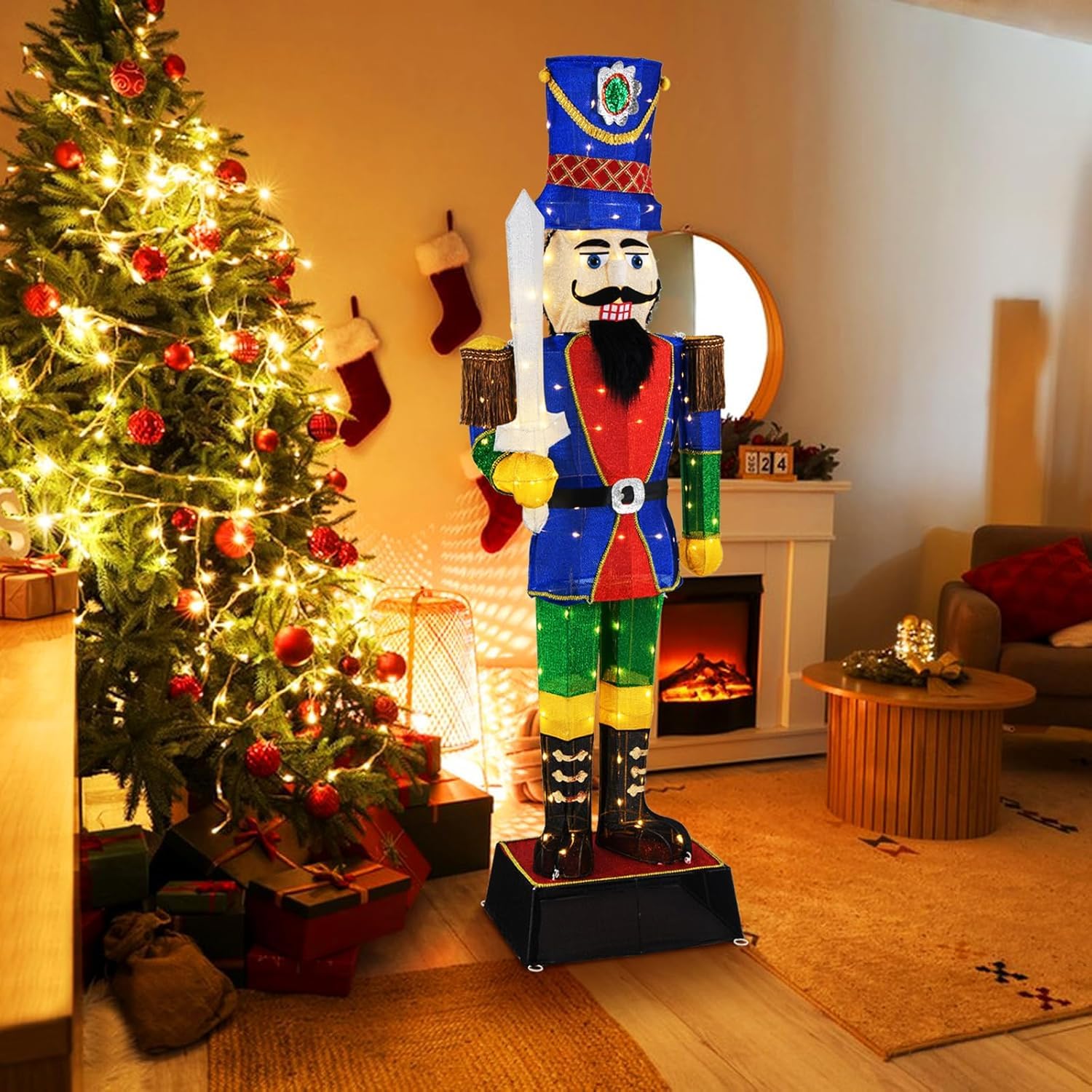 GOPLUS Weihnachten Nussknacker Figur groß, beleuchtete Weihnachtsdeko XXL, 184 cm Weihnachtsfigur mit LED-Lichtern, Weihnachtsdekoration Nussknacker mit Schwert, Weihnachtsbeleuchtung für innen, außen