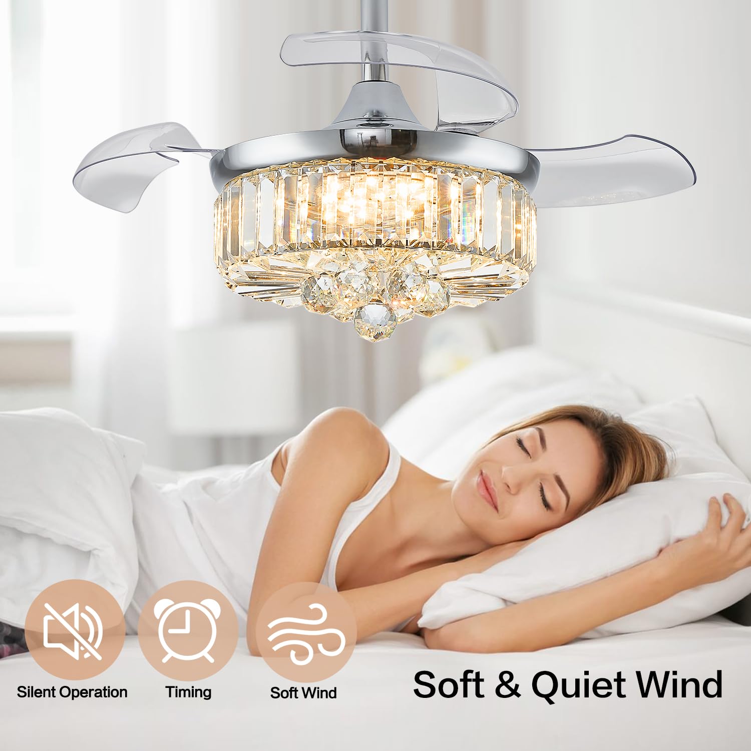 Ventilador de techo de 30 pulgadas con luz de cristal moderno, ventilador de techo reversible, temporizador retráctil regulable para dormitorio, comedor, sala de estar, cromo plateado 3