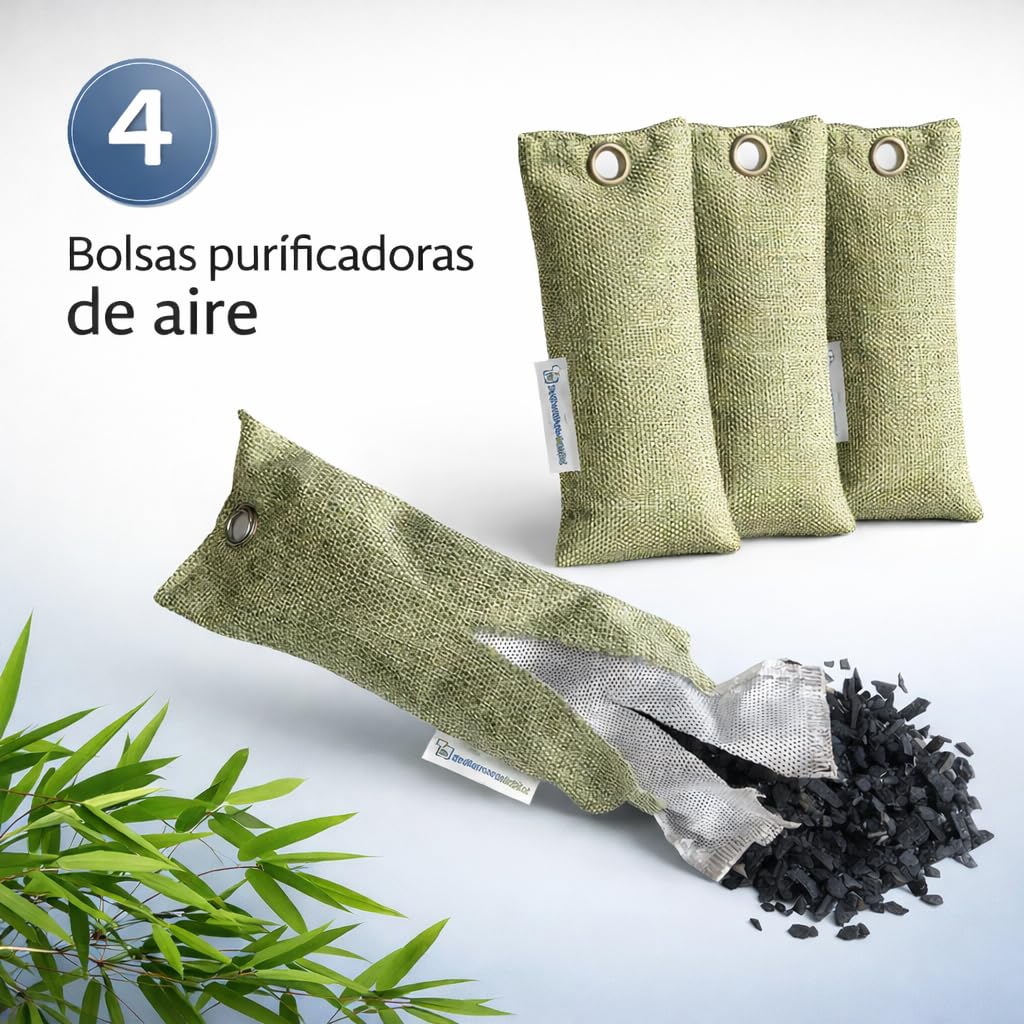Saquitos Carbón Activo Bambú | Deshumidificador y Purificador de Aire | Neutralizador de Olores| Carbon Activado Olores | Bambu Charcoal | Para Armarios, Cajones, Zapatillas | Pack 4x75g