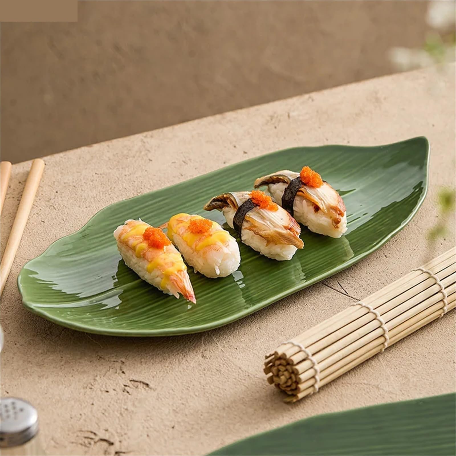 Ceramiczny talerz z zielonymi liśćmi do kuchni japońskiej, sushi, potraw molekularnych, do serwowania deserów (31,2 cm)