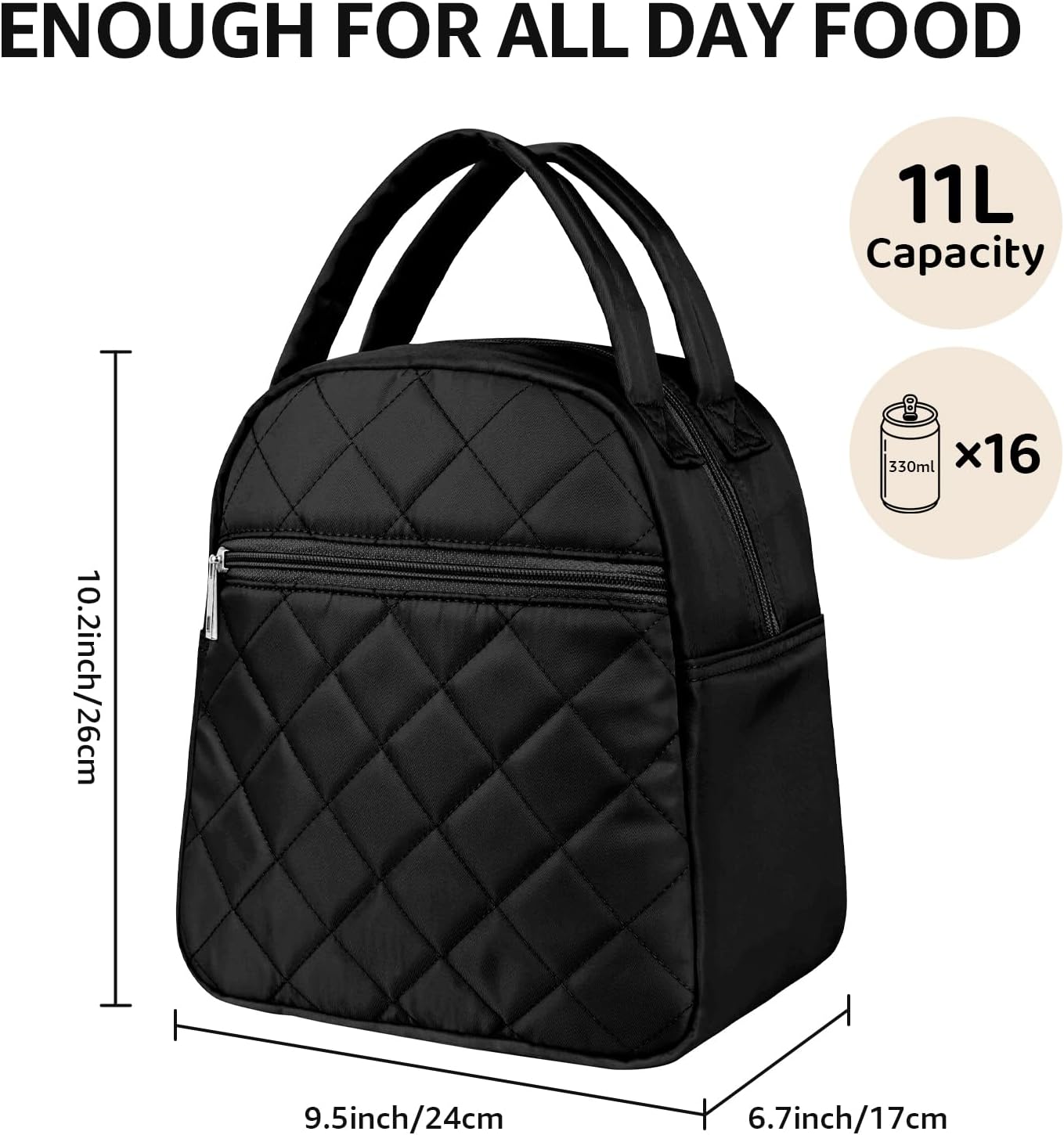 Paquesta Lunch Bag Women Stylish Quilted Lunch Boxes for Adult Fit and Fresh Cooler Insulated Lunchbox for Work Large 11 Liters Cute Compact Lunchbag Waterproof Black