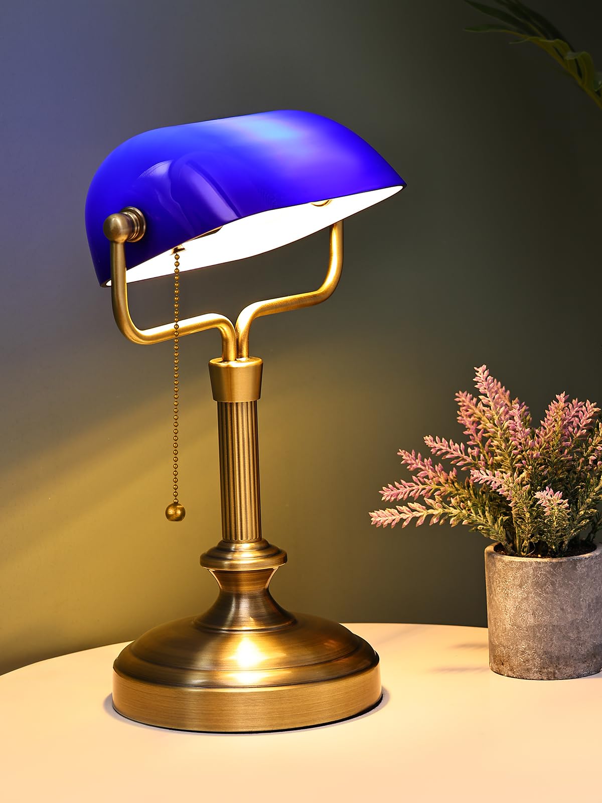 Banker Schreibtischlampe, Glasschatten, Vintage -Lampe mit Pull -Kettenschalter für Heimbüro, Klavierlampe (Antique Brass+Blue)
