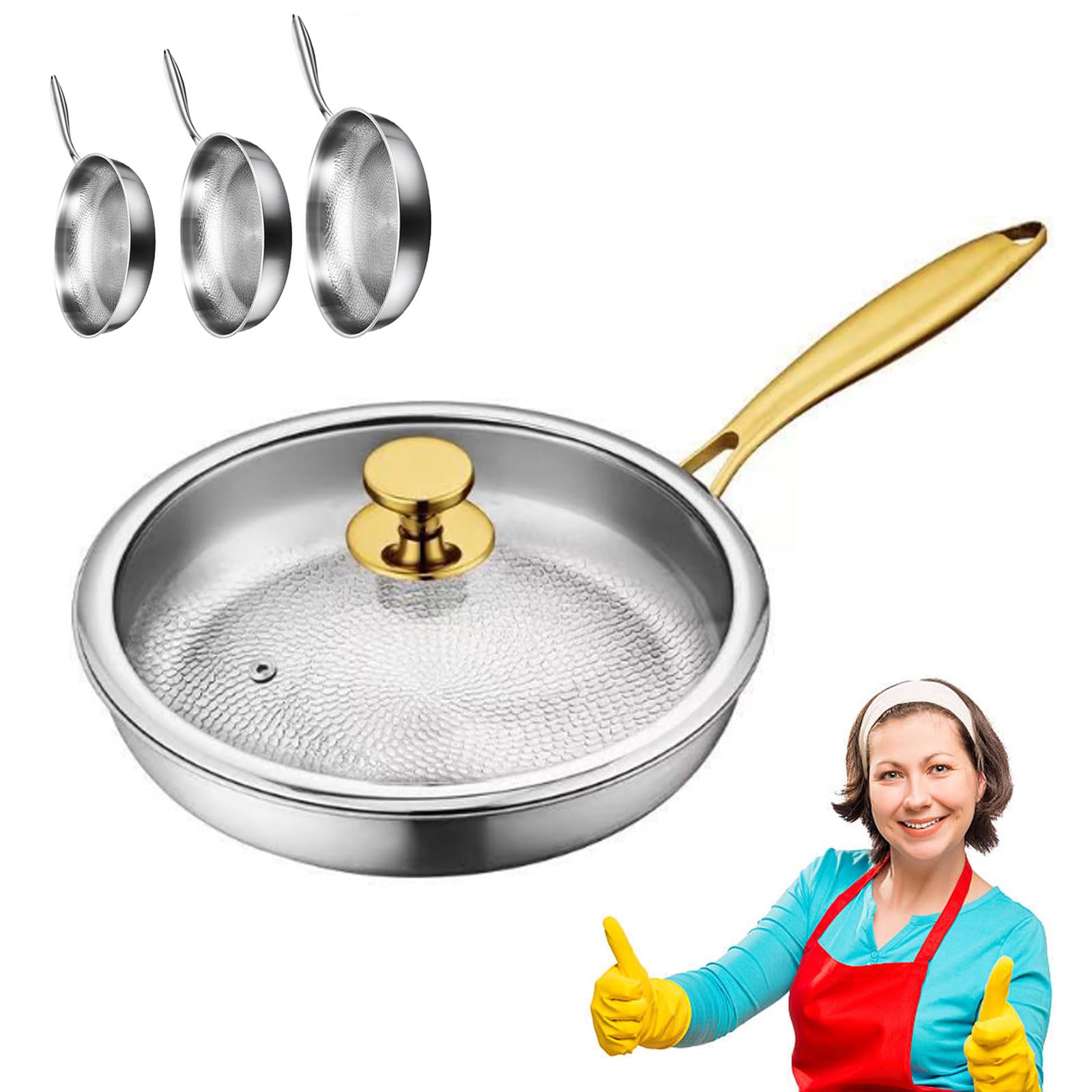 Sarten de Titanio, Sarten Titanio Antiadherente, Sartenes de Titanios Puro, Ultraduradera, Resistente a Los Arañazos, Antiadherente, Sin Revestimiento para Estufas y Inducción (Con tapa-Oro, 28cm)