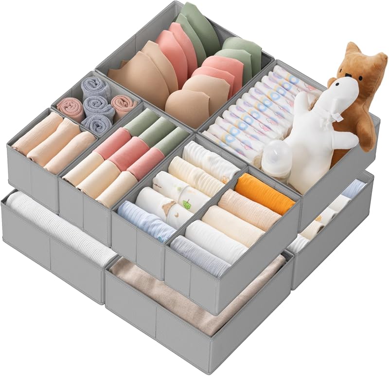 Organizador de cajones para ropa, paquete de 10 organizadores de tocador para ropa de bebé, ropa interior, medias, organización de armario plegable y contenedores divisores de almacenamiento para guardería, dormitorio (gris)