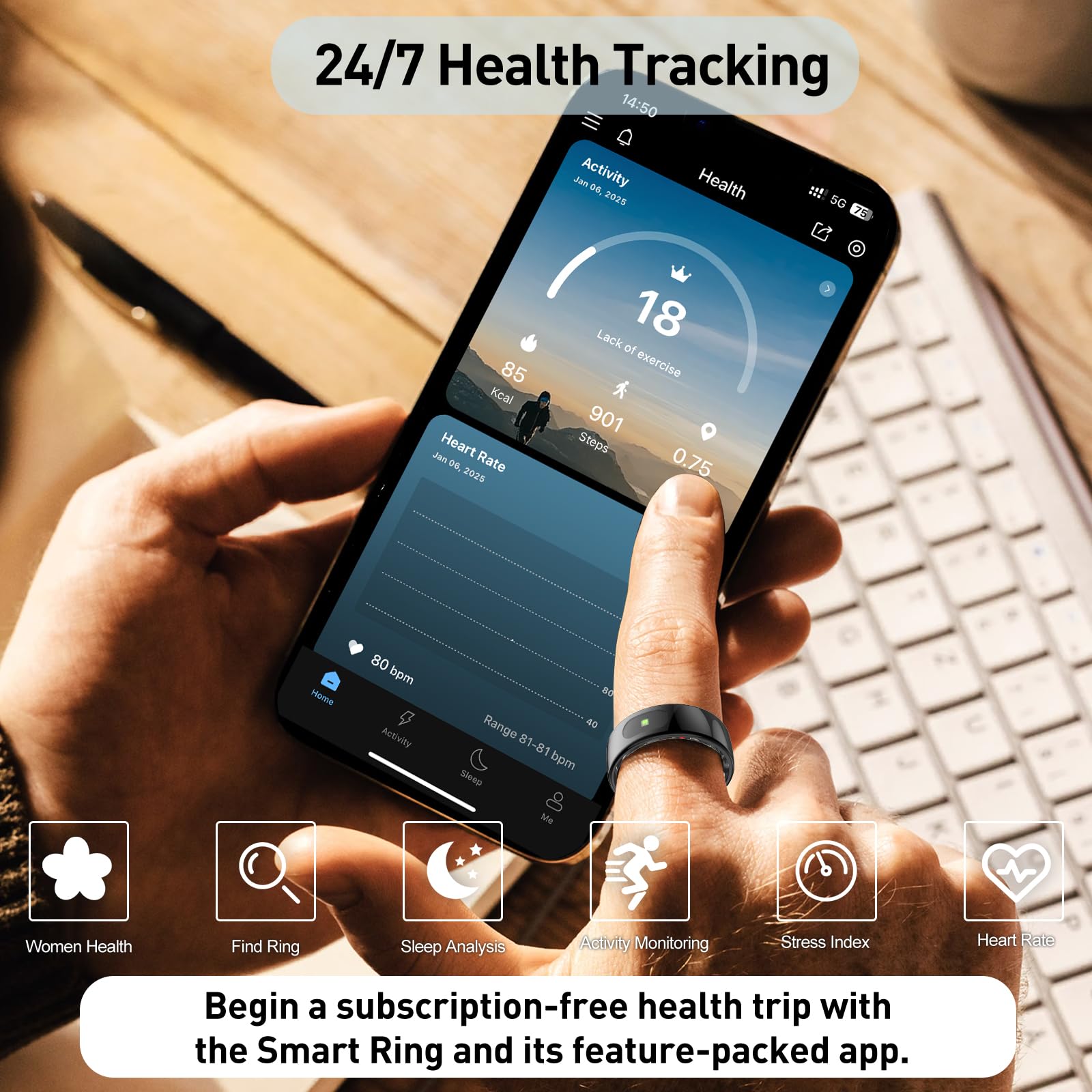 Smart Ring for Women & Men - Touch Control Health Tracker with Skin Temperature Monitoring, Sleep, Step & Exercise Tracking, Music & Video Control (Silver, 7) — view 4