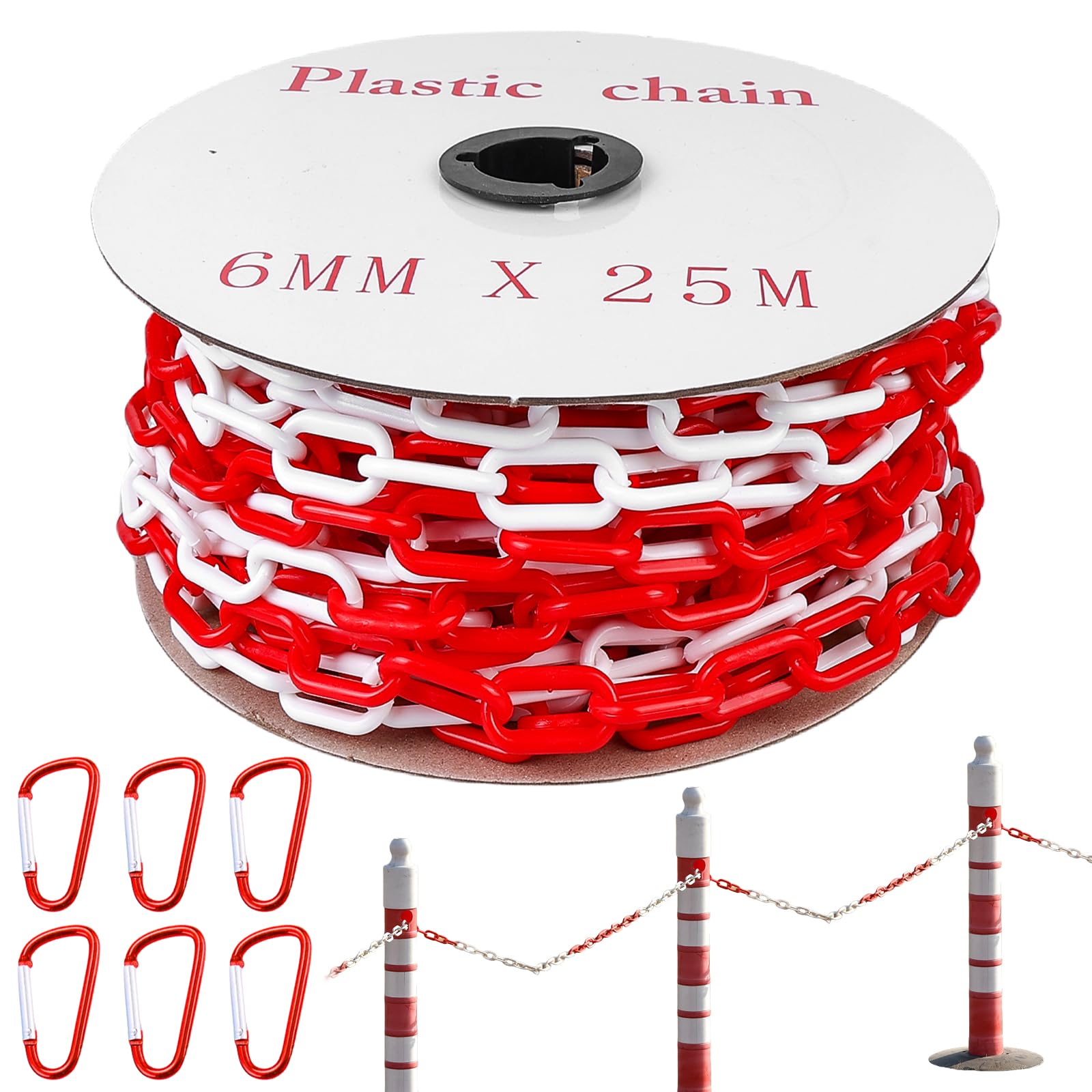 BAIFULAI 25 m di catena, catena di sbarramento da 6 mm rossa/bianca in plastica con 6 moschettoni, catena di plastica/catena di avviso, catena di sicurezza per cantiere, catena a maglie per
