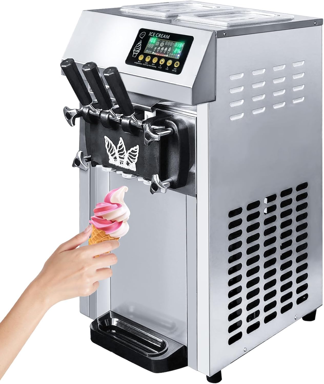 Machine à Crème Glacée Commerciale 18L/h 1250W 3 Saveurs, Machine à Glace Italienne Trémie Nettoyage Automatique, pour Yaourt Café Snack-Bar Restaurant Supermarché