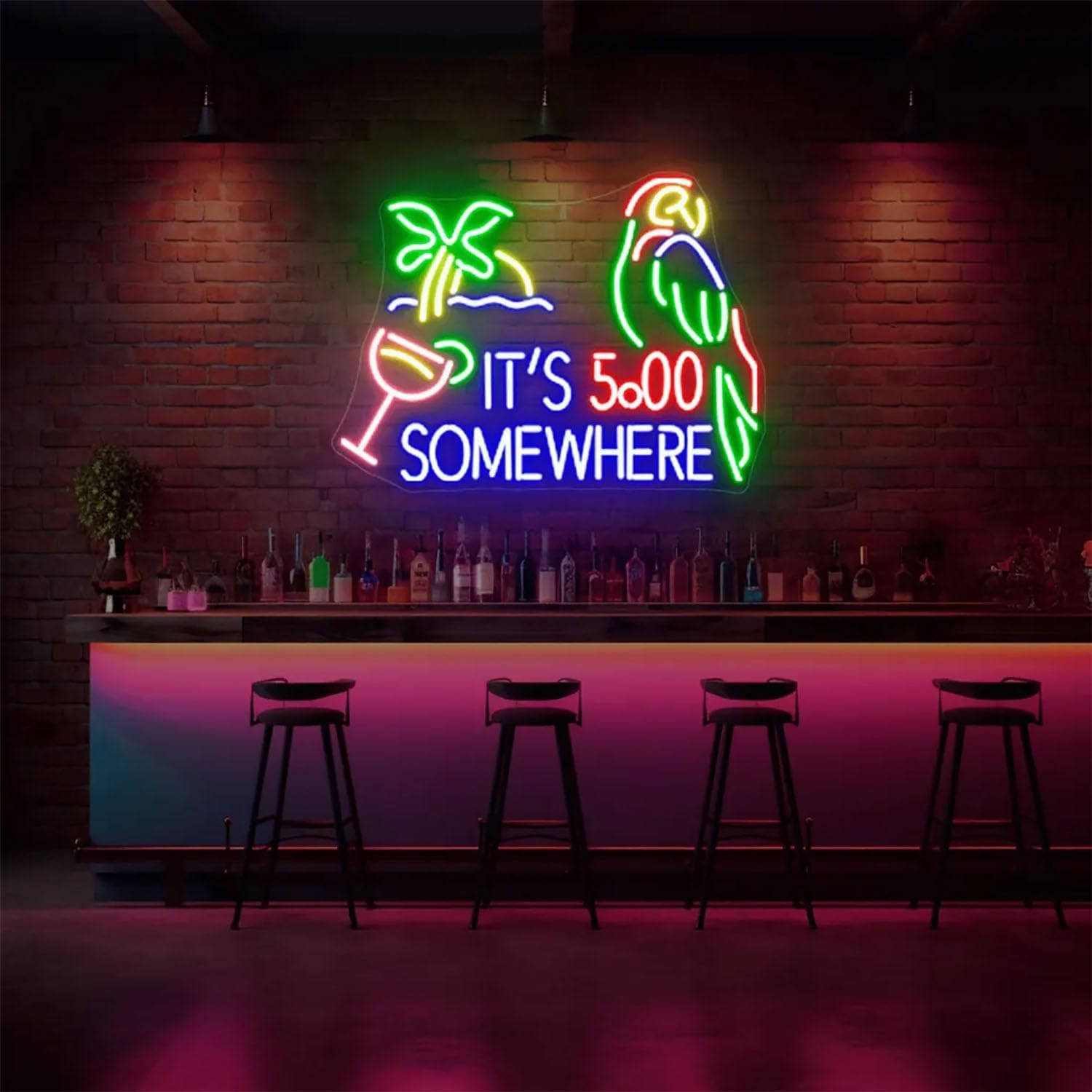 Its 5 o'clock somewhere Parrot Neon Sign for Wall Decor 25inches- Custom Customized Home Beer Bar Pub Recreation Game Room Lights Party Birthday Bedroom Palm Tree Decoration man cave gift for Men