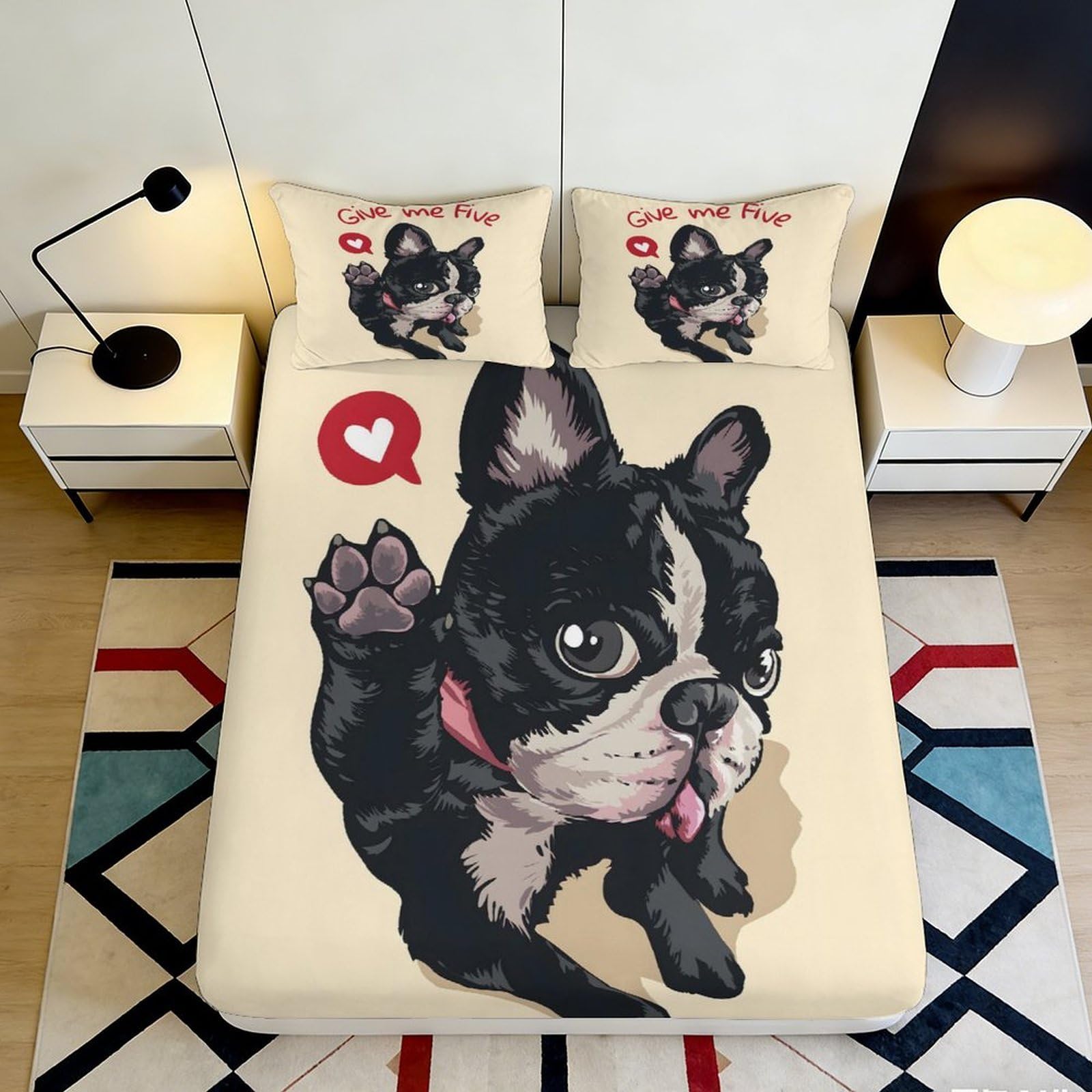 3D Printed French Bulldog Cartoon Fitted Sheet Microfiber Soft Beige Bed Cover for Bedroom Dorm Mattress Protection Decor 140x200x25cm