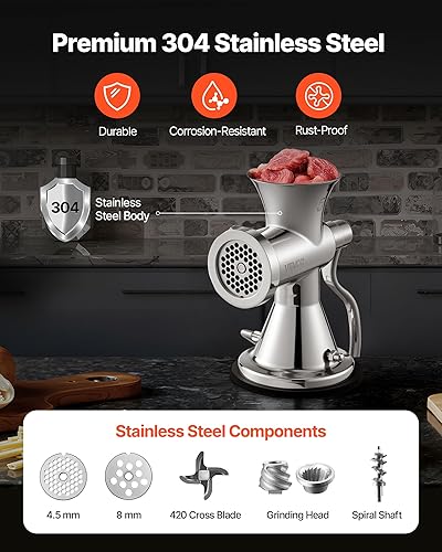 Miniatura 3 de VEVOR Picadora de carne manual de acero inoxidable 304, accionada a mano, máquina multifuncional de salchichas, máquina de café en polvo