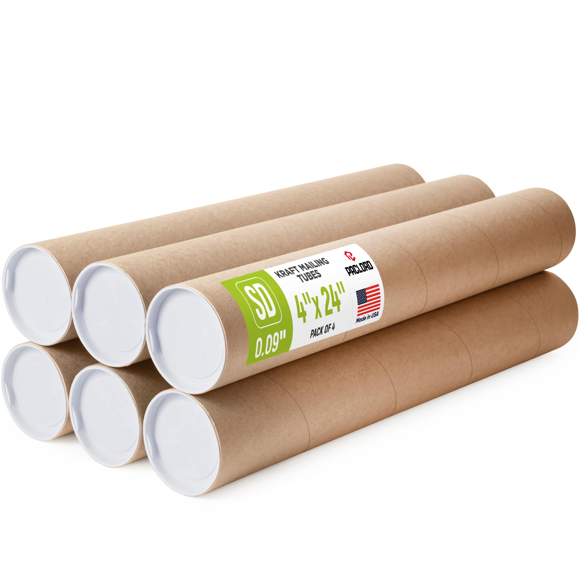 4" x 24" Reinforced Kraft Paper Mailing Tubes, Pack of 6 Tubes with 2 Caps Each – USPS Approved Poster Tube – Made in USA Cardboard Tube for Shipping and Storing Posters, Prints, Artwork, or Documents