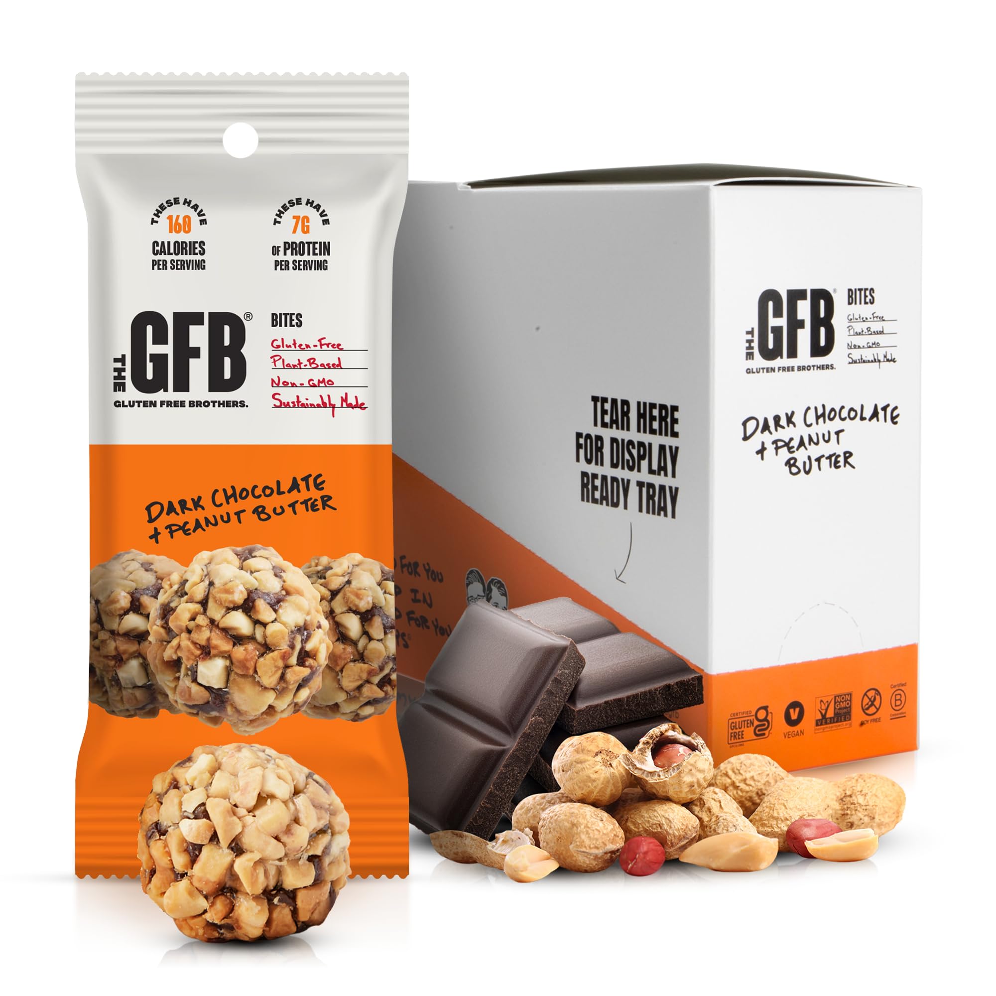 The GFB Gluten Free Brothers Glutenfreie Proteinbisse, Erdnussbutter aus dunkler Schokolade, milchfrei, sojafrei, veganer Snack, 34 g (10 Stück)