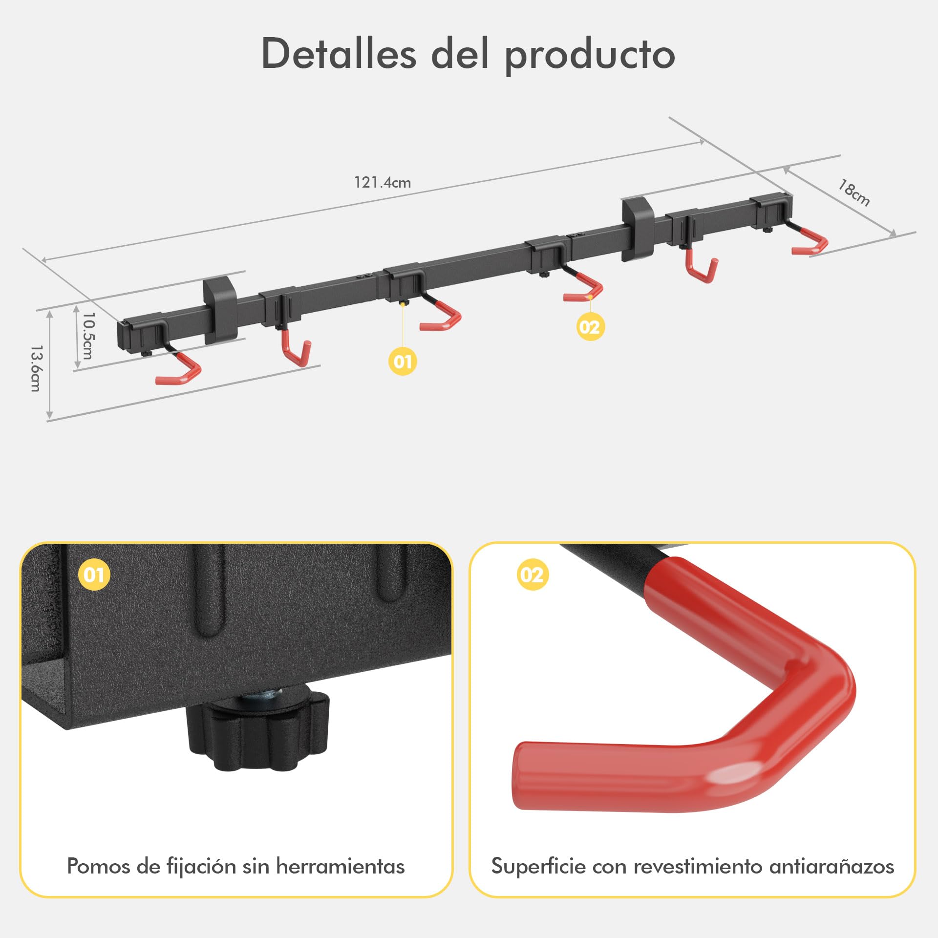 Mimoke Soporte de pared vertical para bicicleta | Adecuado para todas las bicicletas | Ganchos ajustables | Solución de organización para casa y garaje (para 4 bicicletas 2 ganchos para cascos)