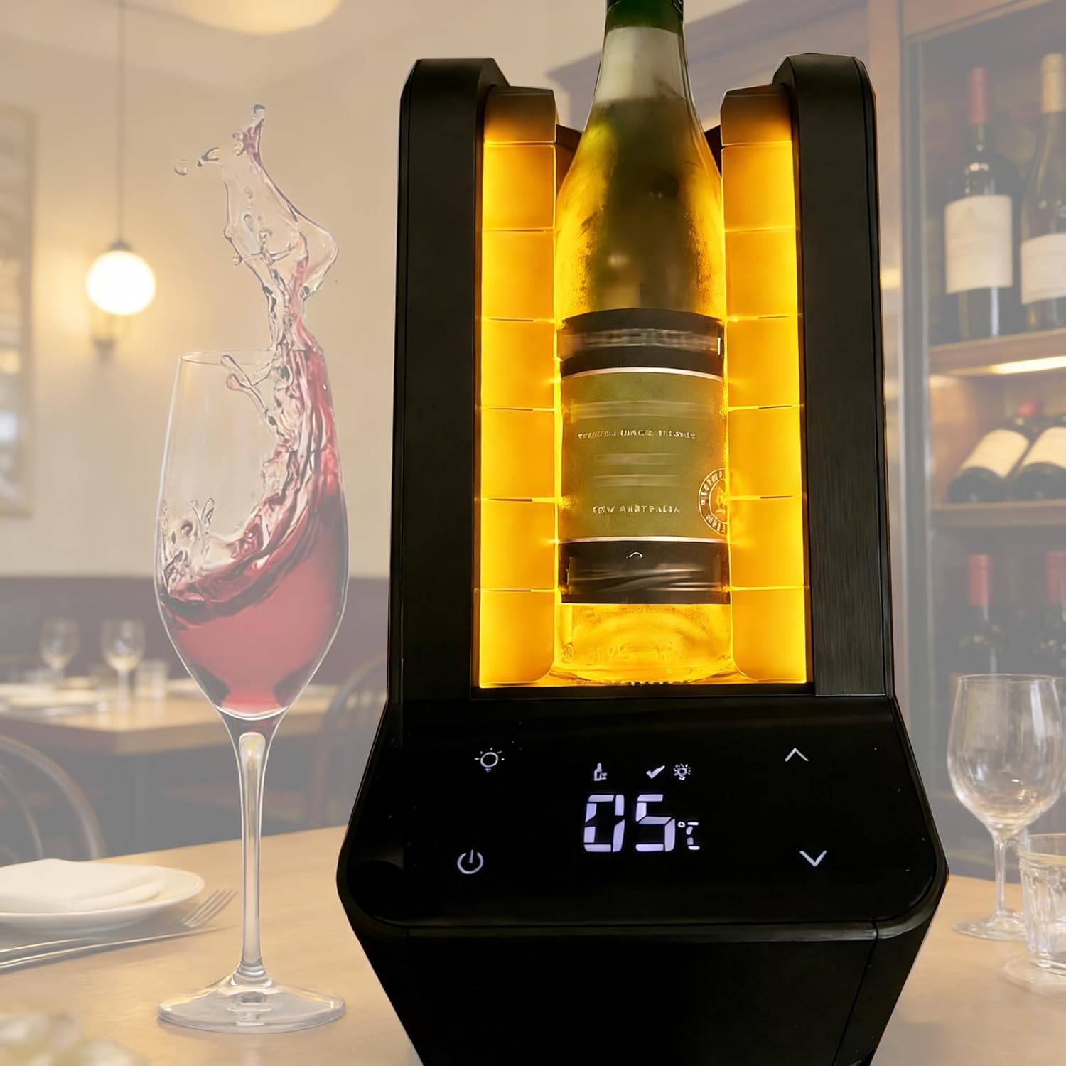 Electric Single Bottle Wine Cooler & Chiller for 750ml Wine/Champagne | LCD Digital Temperature Control 5℃-20℃ | Portable Iceless Cooler for Kitchen, Bar, Patio & RV Use