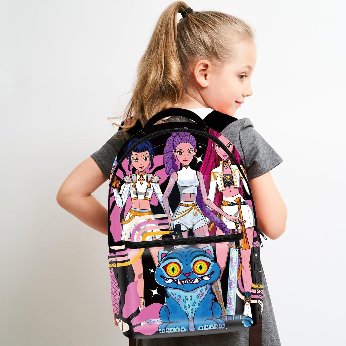 Demon Hunters - Zaino per la scuola per bambini, con stampa 3D, 41 x 30 x 14 cm (16"), stile carino, per adolescenti e bambini, per la scuola dei bambini, Nero , Mittelgroße