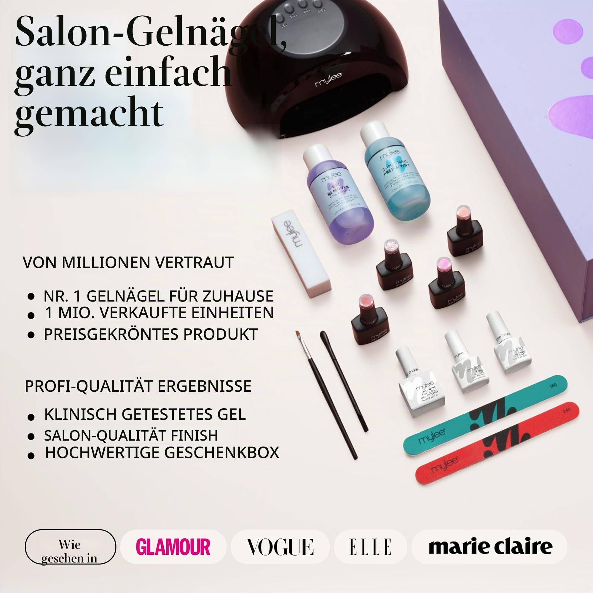 Mylee Nail Set Gelnägel Starterset (Main) - Grande LED-Lampe, 4 Farben Nagellack, Aufbaugel, Top & Base Coat, Prep-Tools & Entferner – Gel Nägel Kit, Nägel Selber Machen Set, Geschenke für Frauen