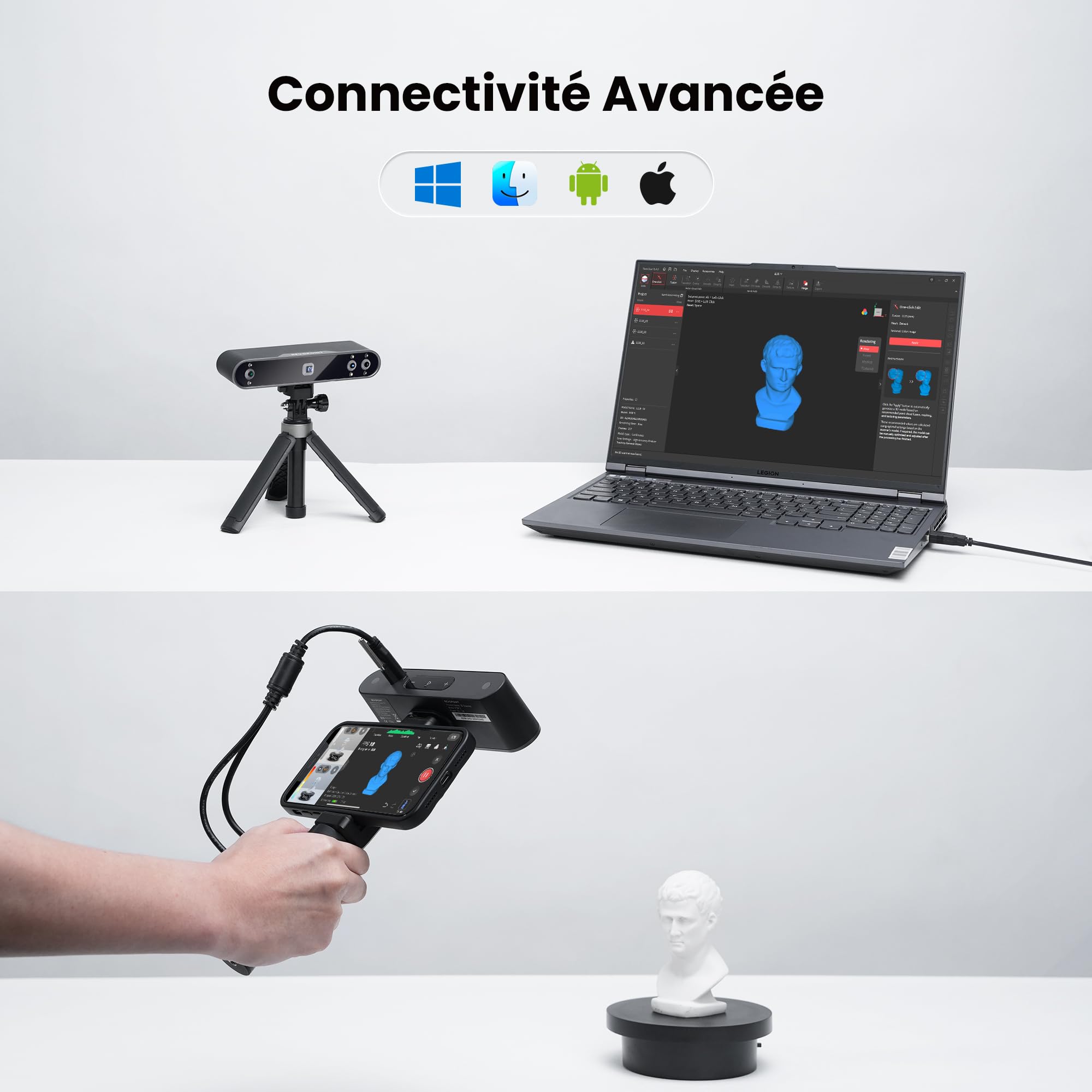 Revopoint POP 3 - Scanner 3D portable pour l'impression 3D Précision de 0,05 mm Vitesse de numérisation de 12-18 FPS Numérisations 3D en couleur complète avec double LED blanche - ADVANCED