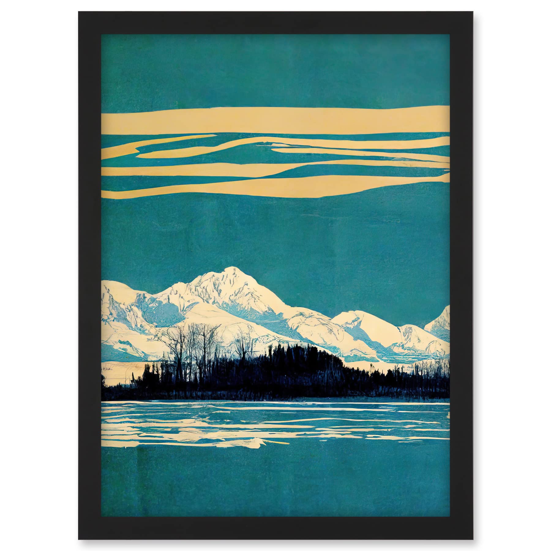 Wee Blue Coo Winter Lakeside Landscape With Snowy Mountains Duotone Teal Artwork Framed A3 Wall Art Print